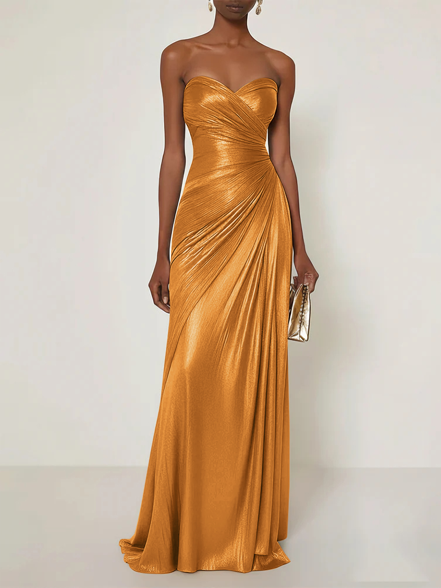 Evening Formal Dress V Neck Silk Ruffles Strapless Maxi Dress