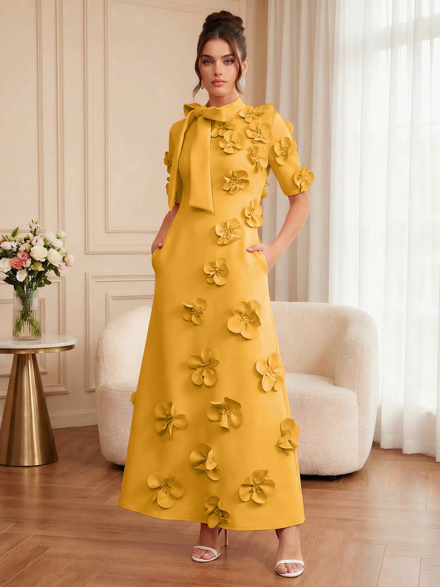 Pink Short Sleeve 3D Floral Maxi Dress Gown