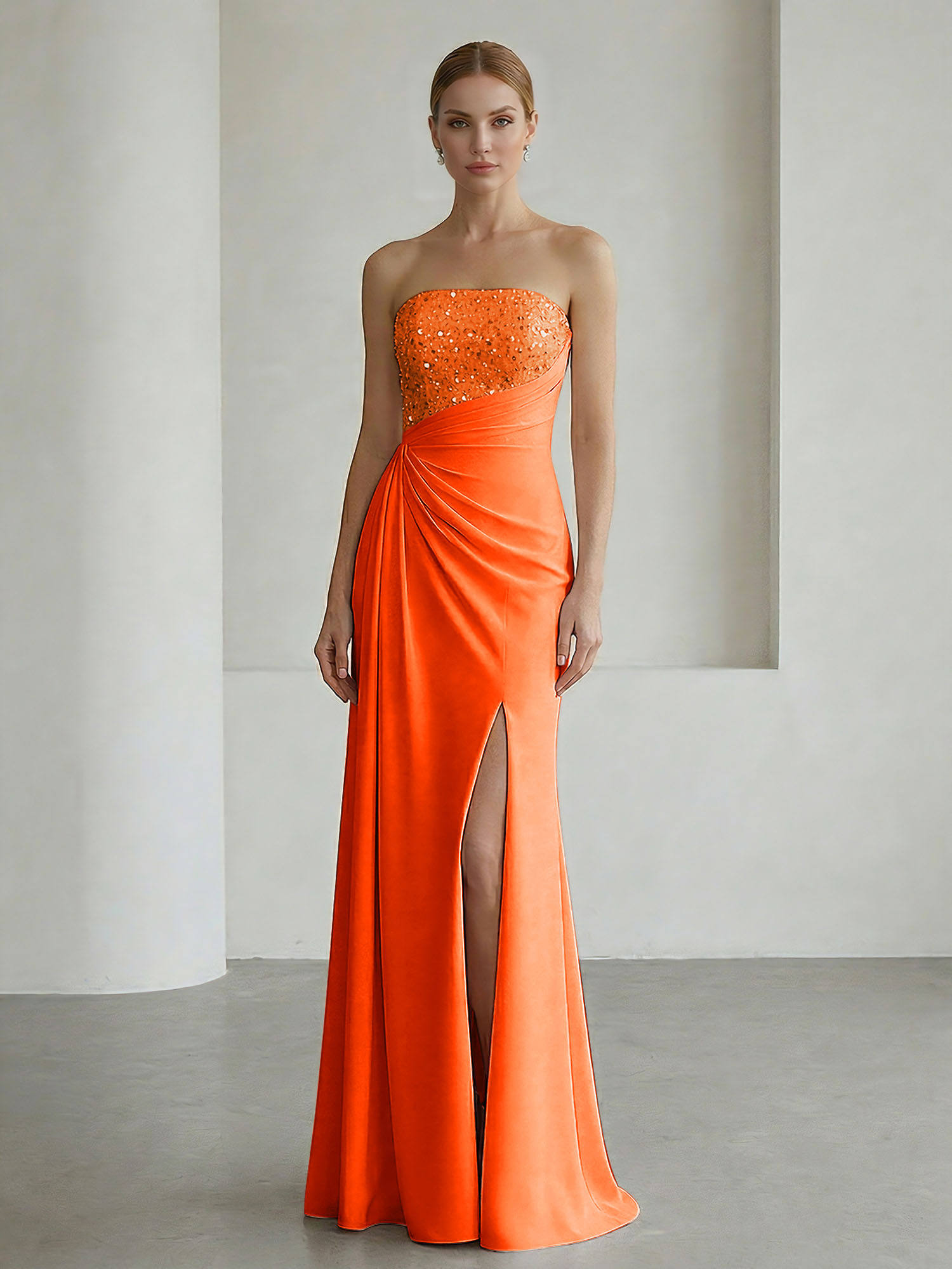 Glamorous Formal Evening Dress Soft Blush Beaded Strapless Slit Gown