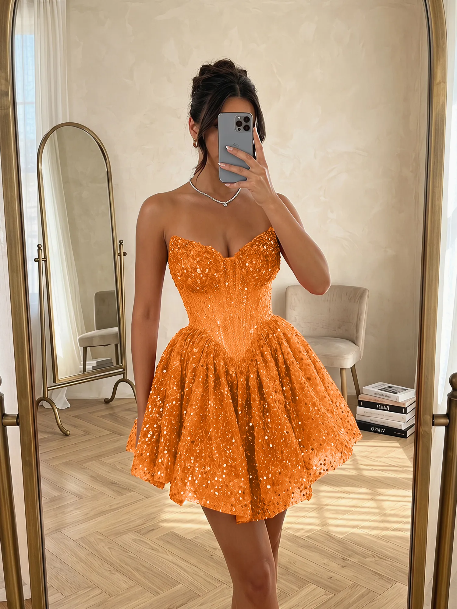 Strapless Sequin Pearl Corset Homecoming Dress with Lace-Up Back