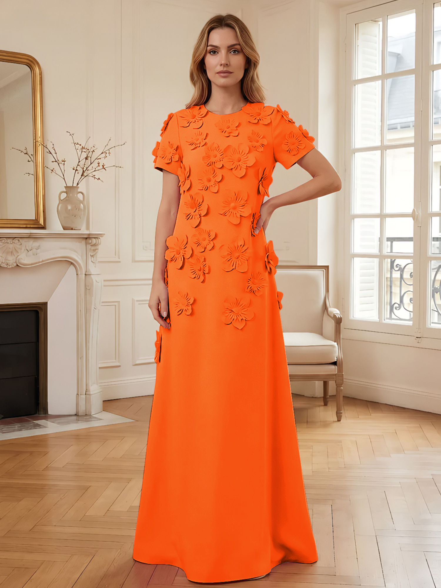 3D Floral Applique Short-Sleeve Column Evening Gown