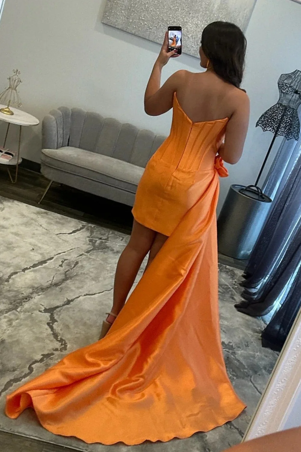 Vibrant Orange Tangerine Strapless Corset Homecoming Dress with Detachable Overskirt