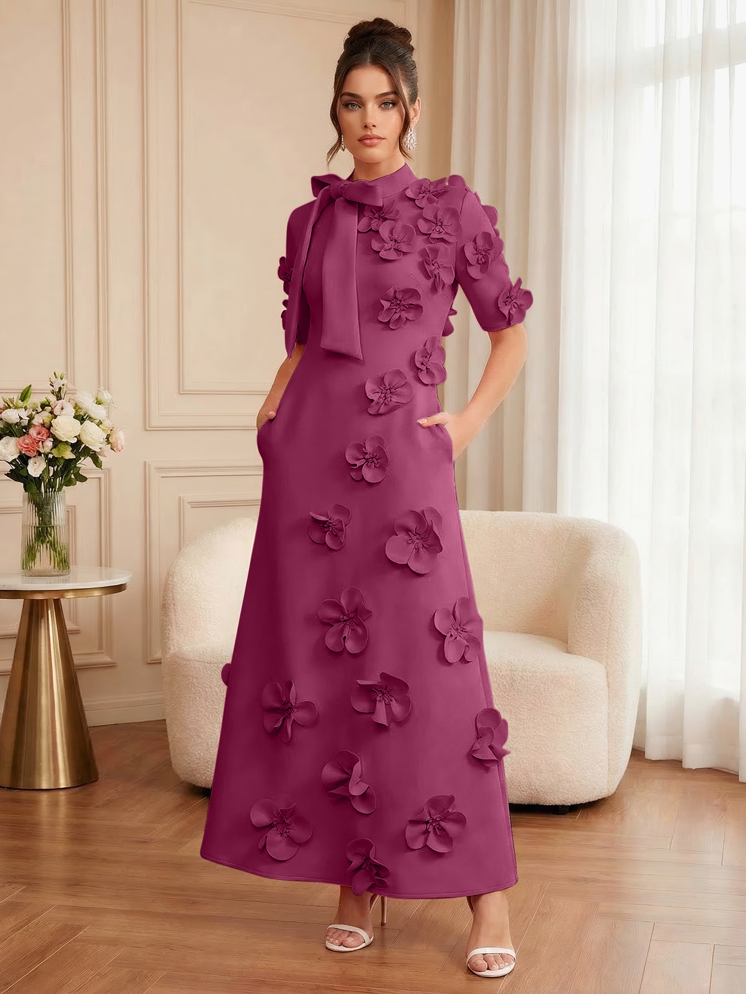 Pink Short Sleeve 3D Floral Maxi Dress Gown