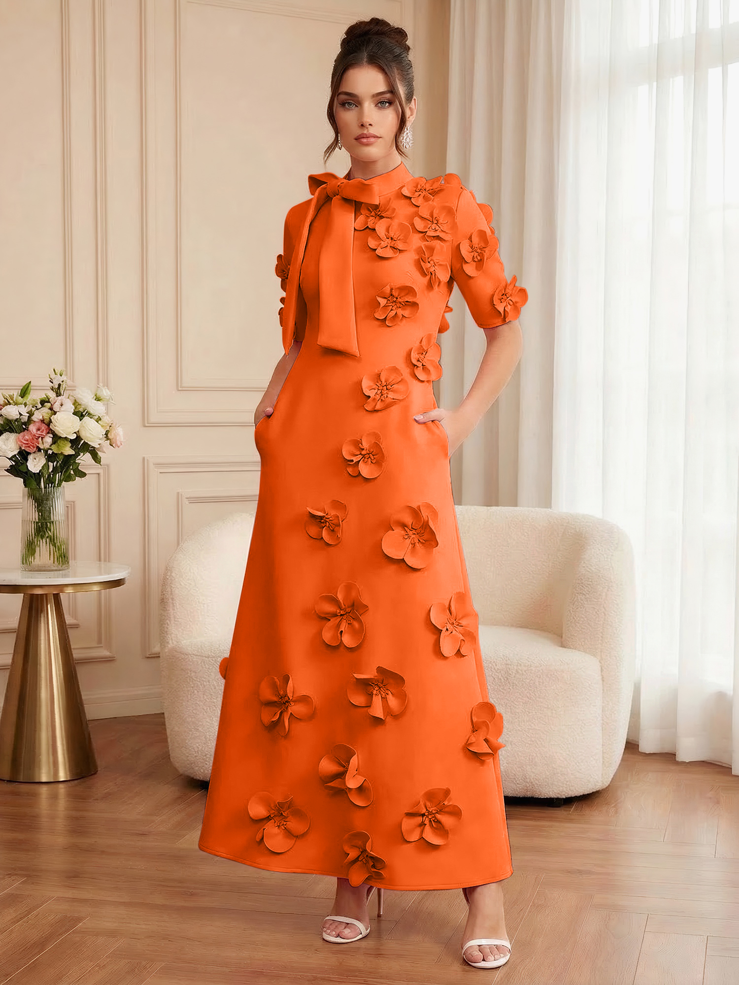 Pink Short Sleeve 3D Floral Maxi Dress Gown