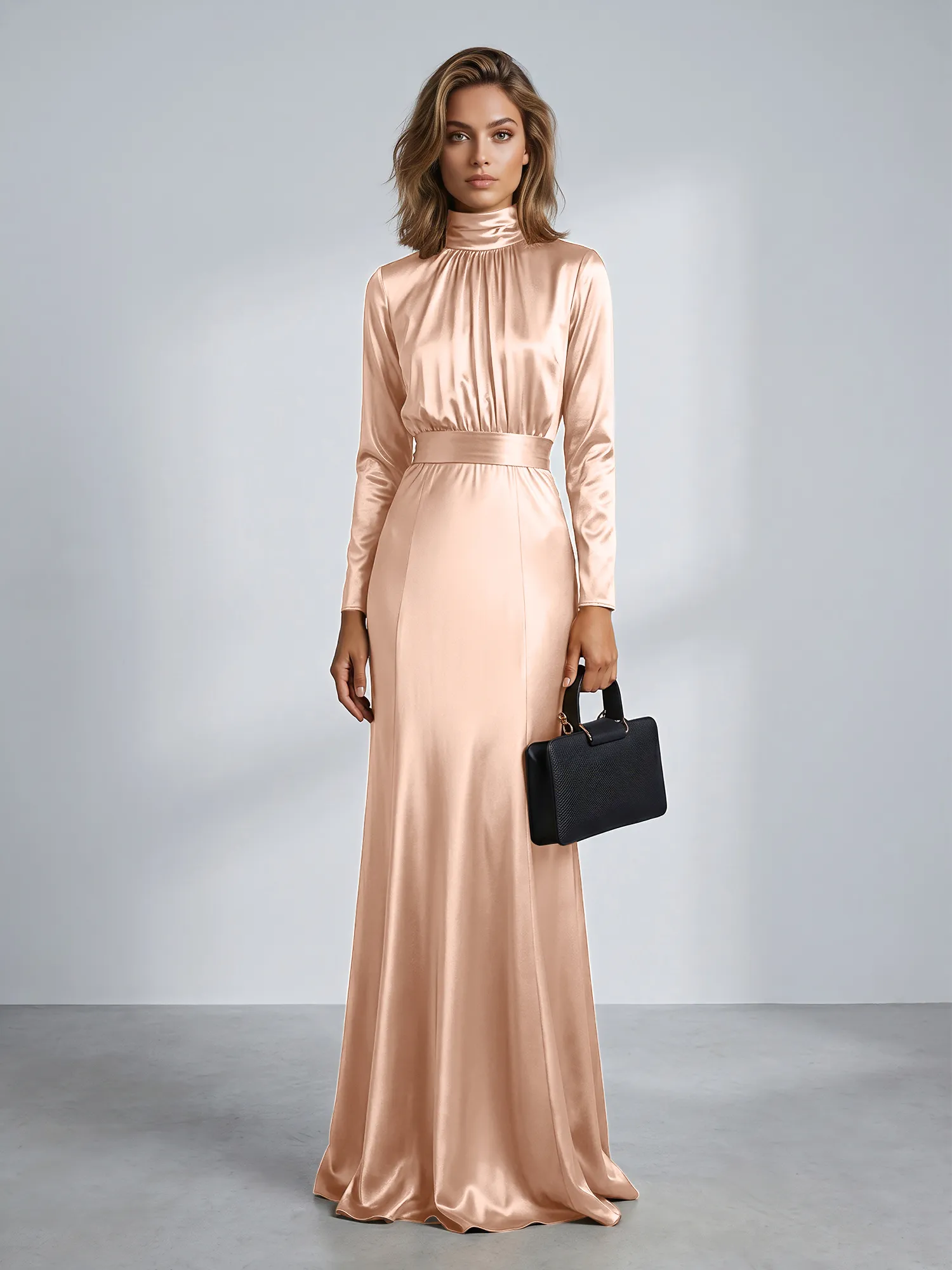 High Neck Long Sleeve Satin Mermaid Evening Gown with Waist Sash