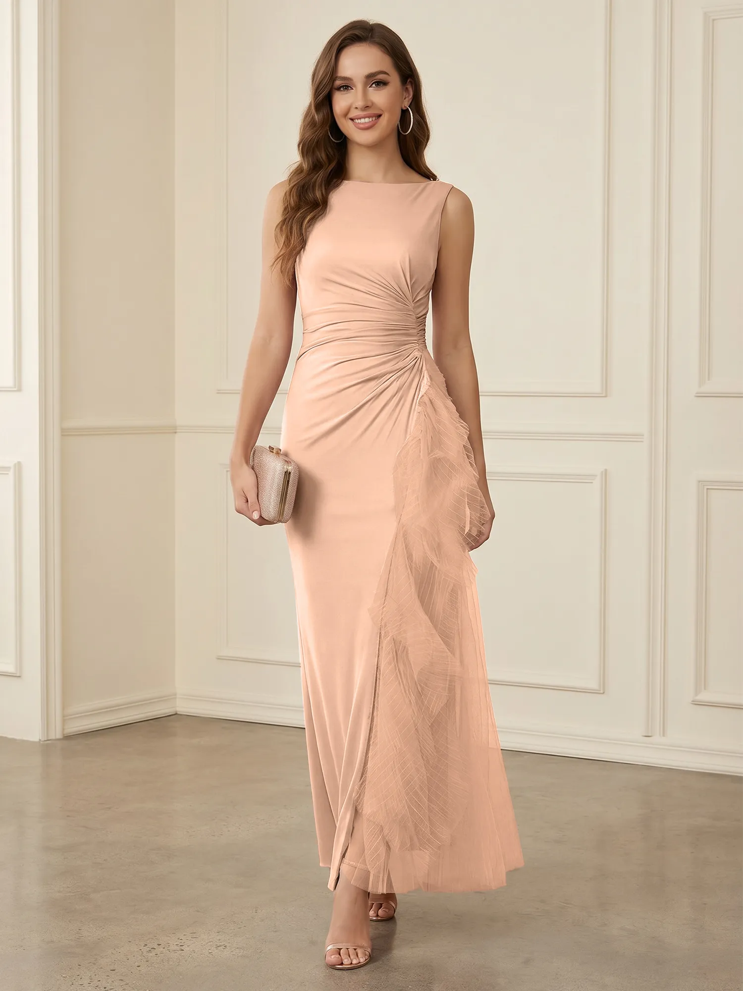 Sleeveless Ruched Sheath Evening Gown with Tulle Ruffle Detail