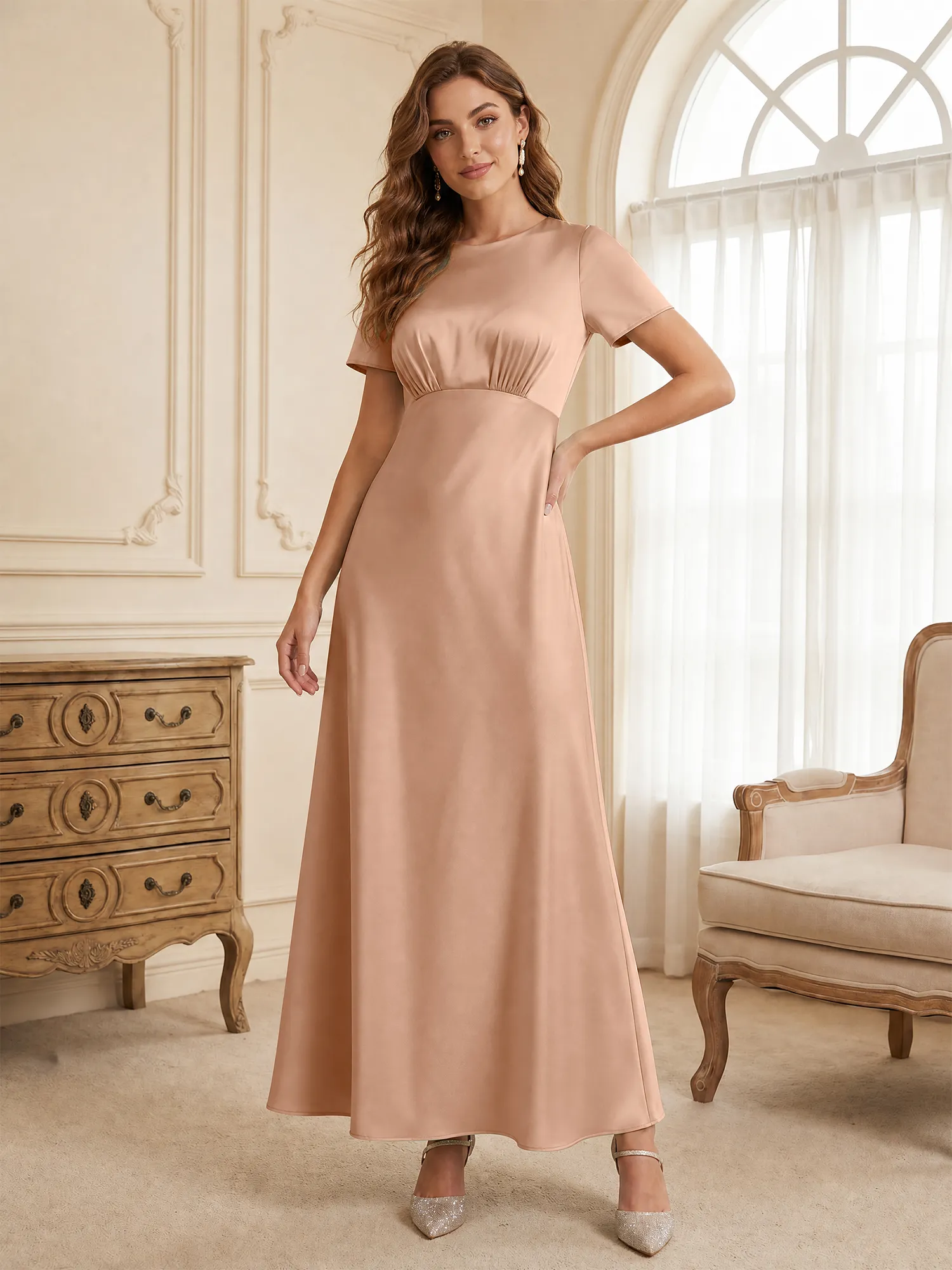 Round Neck Short Sleeve Satin Bridesmaid Dress