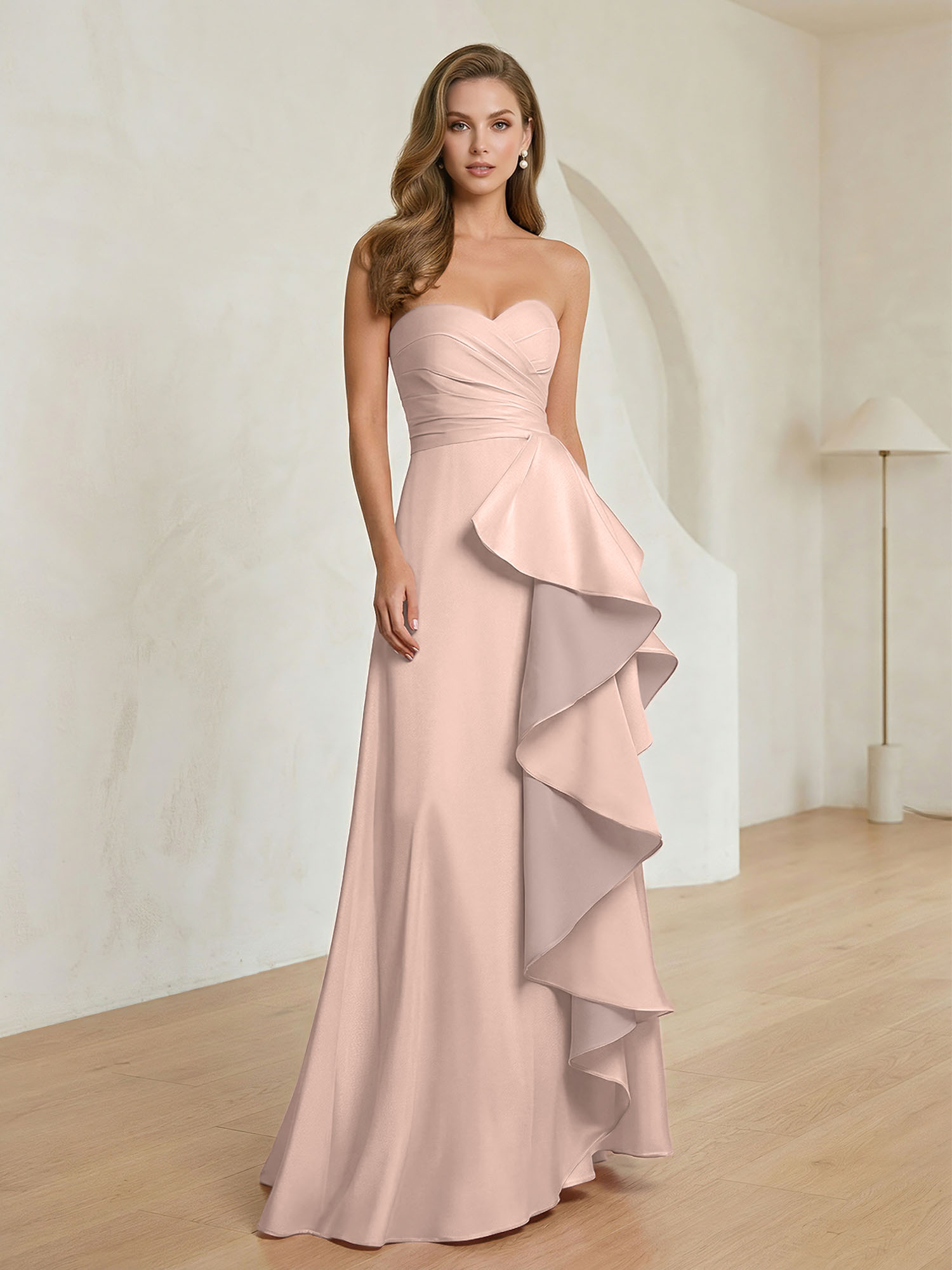 Formal Evening Dress Blush Strapless Ruffle Maxi Dress Gown