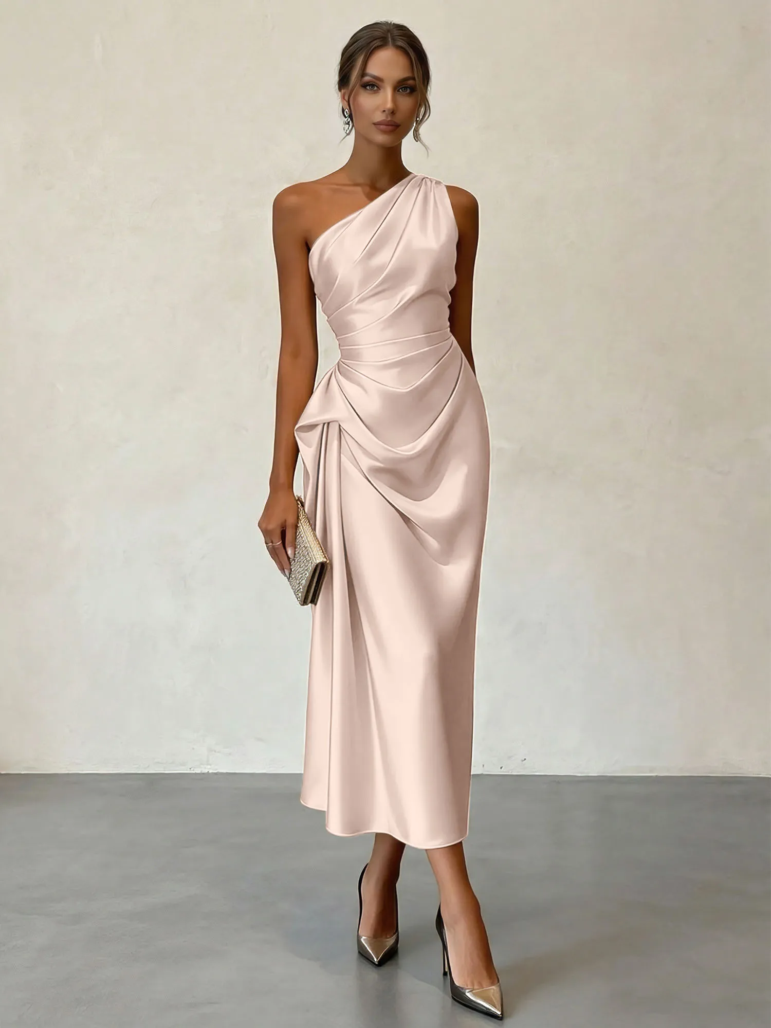 One-Shoulder Ruched Satin Midi Evening Dress with Draped Detail