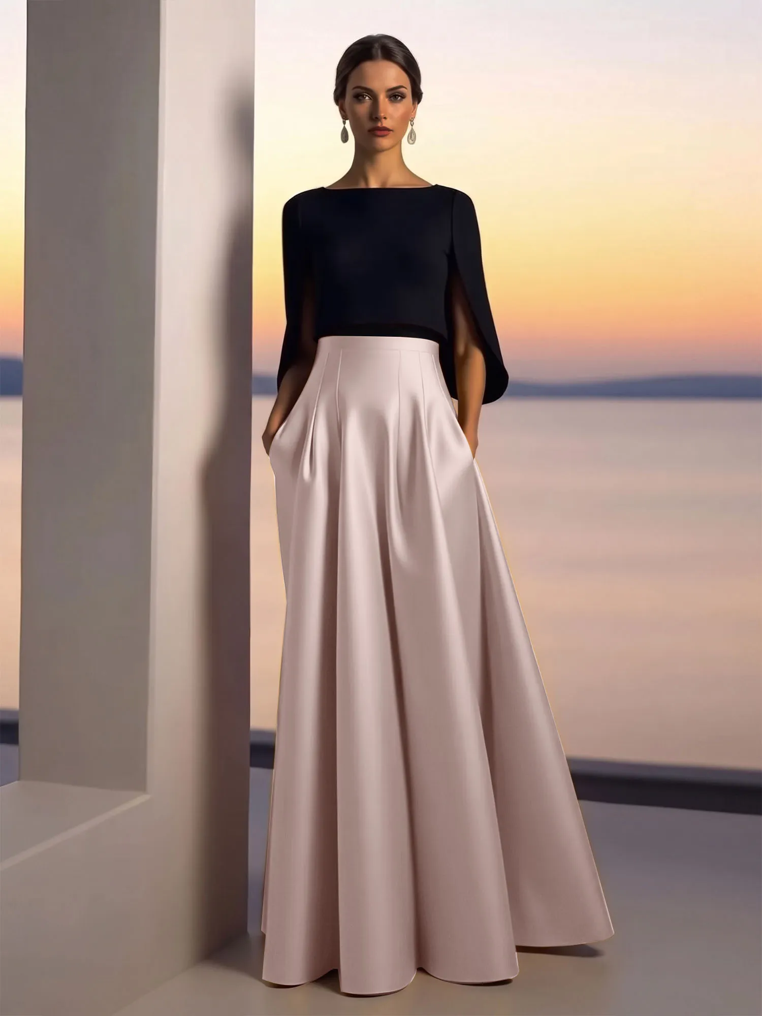 Two-Piece Cape Sleeve Satin Ball Gown Evening Dress