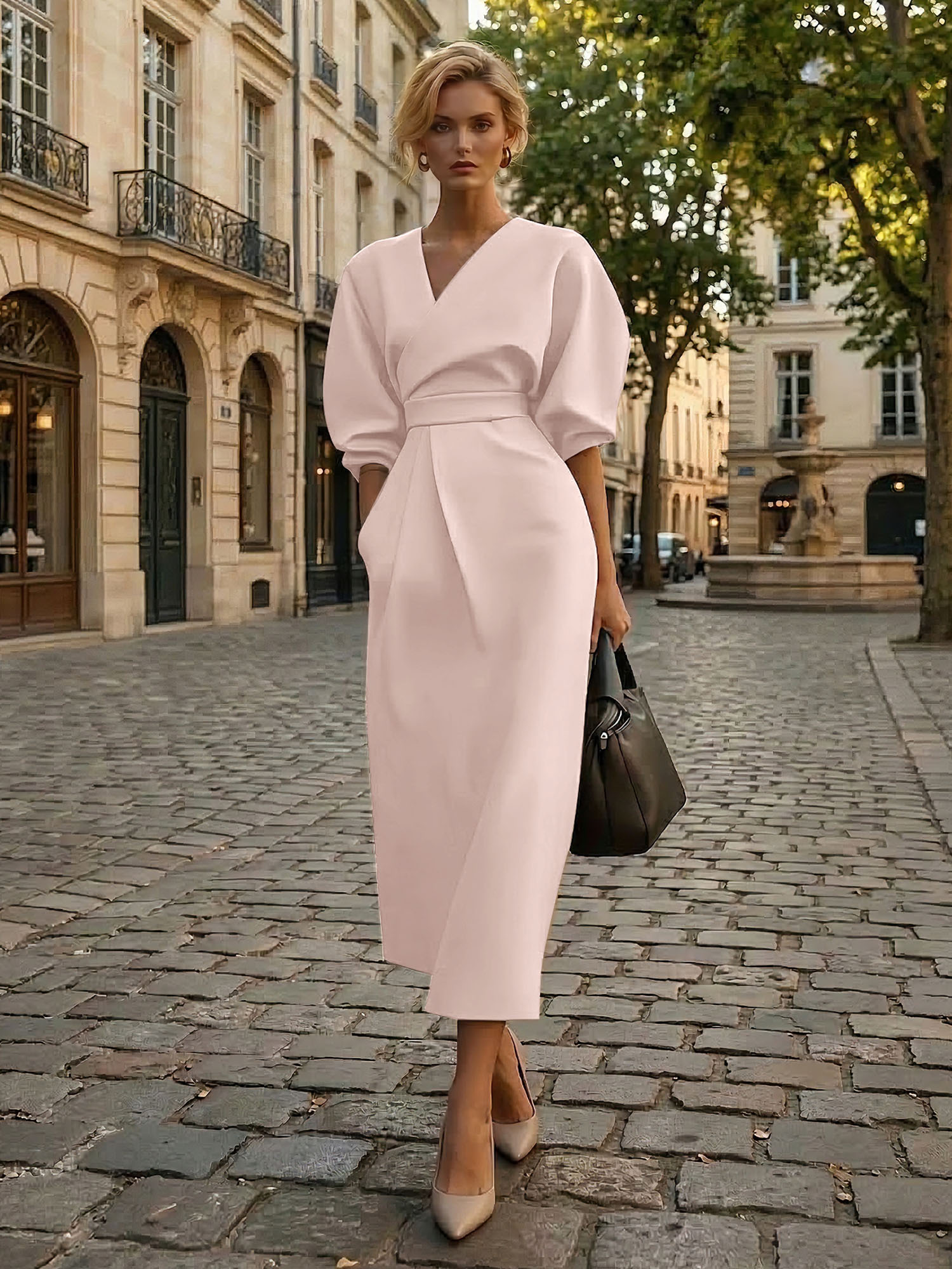 Sophisticated Camel V-Neck Balloon Sleeve Midi Dress Evening Gown