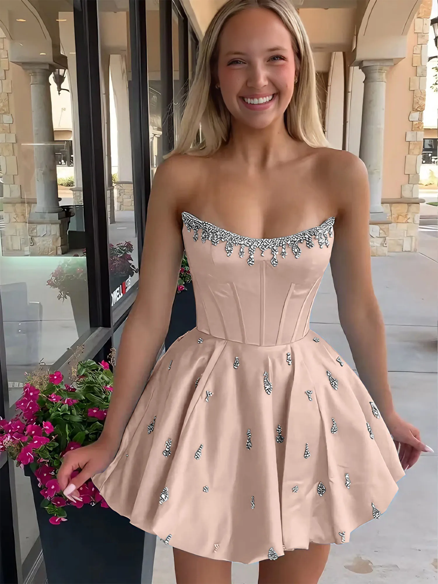 Strapless Beaded Corset Lace-Up Back Satin Homecoming Dress