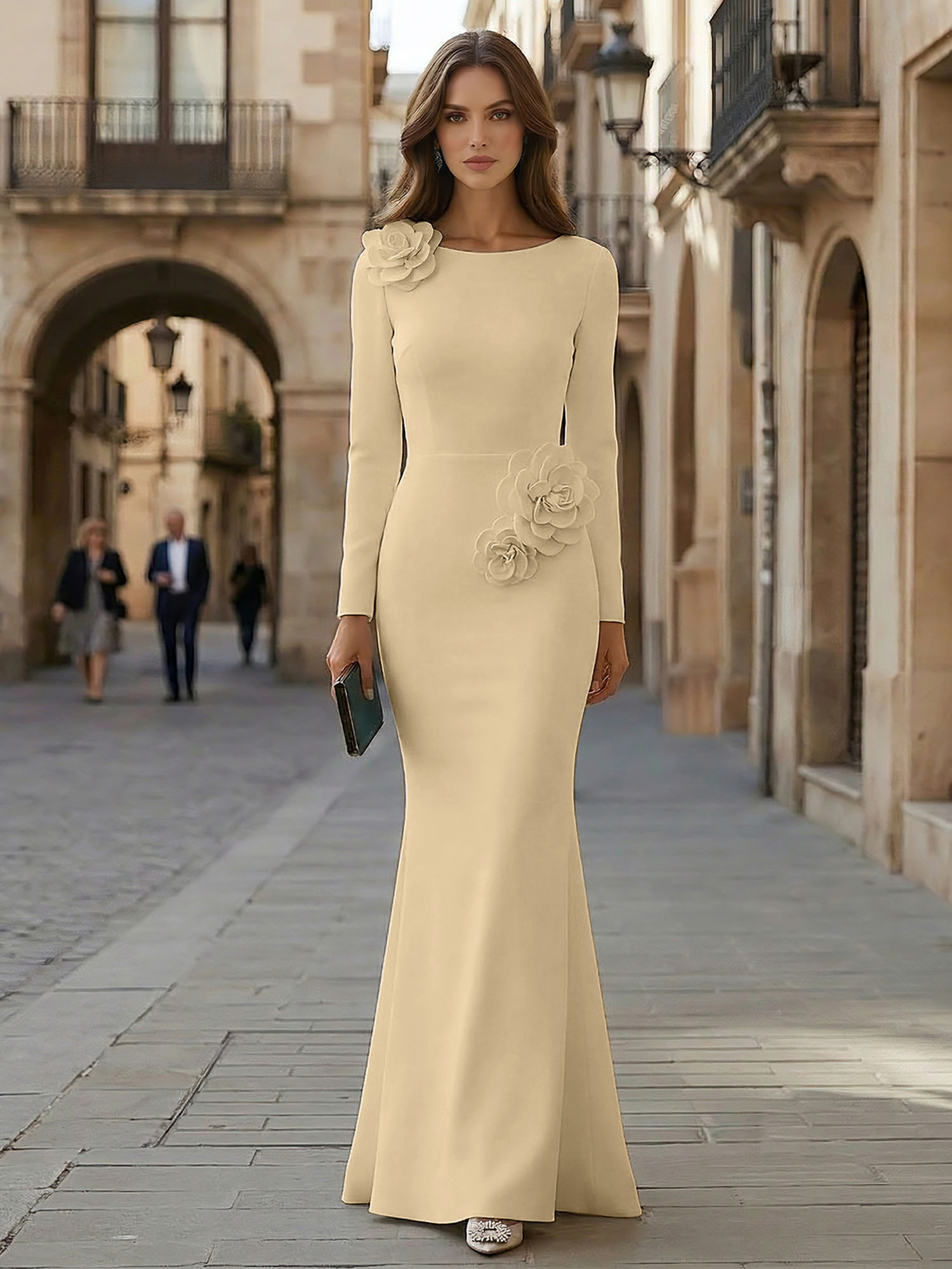 Elegant Pure White Formal Evening Dress Long-Sleeve 3D Floral Crepe Maxi Dress Gown