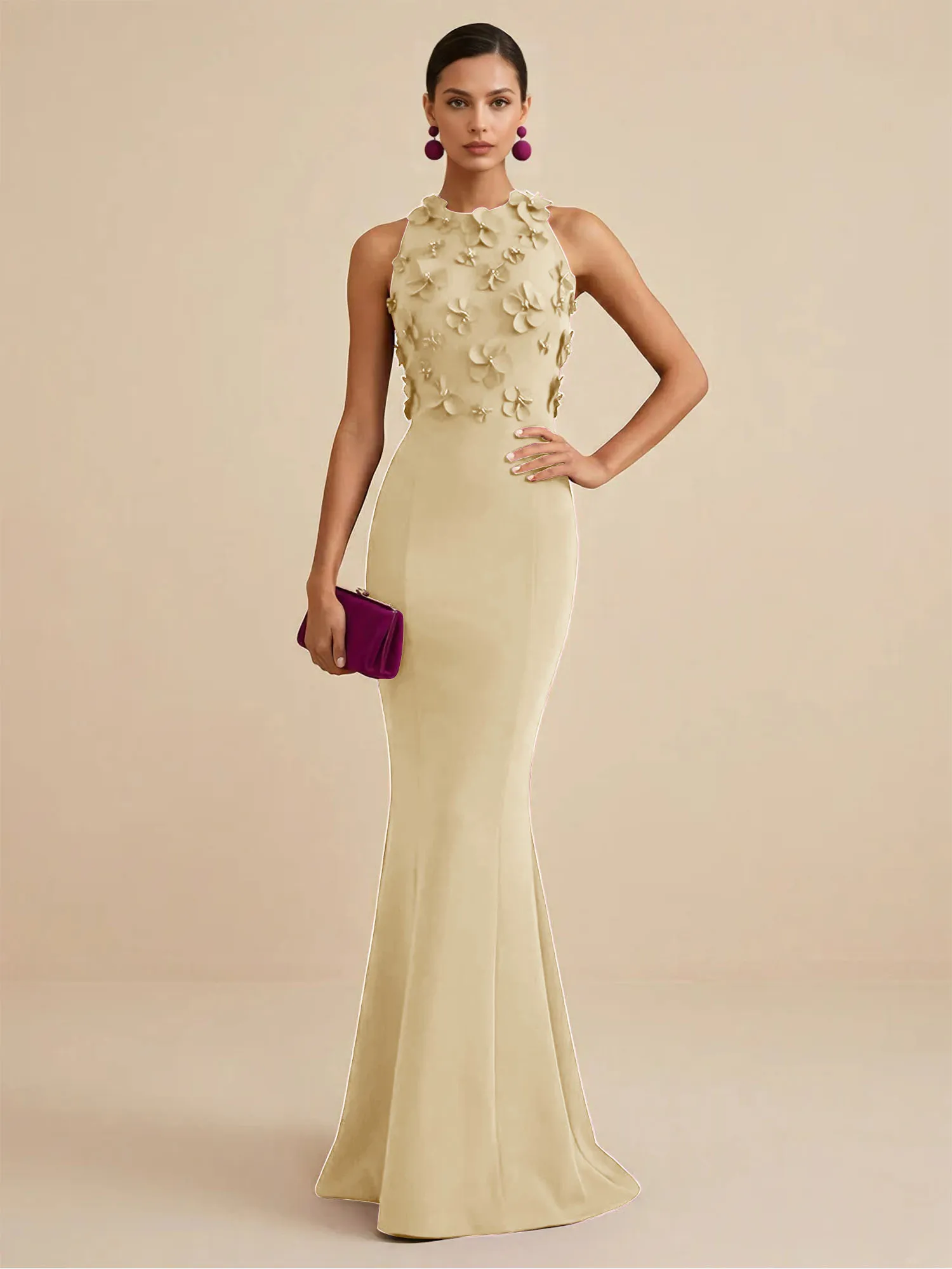 Scoop Neck 3D Floral Appliqué Crepe Mermaid Evening Gown
