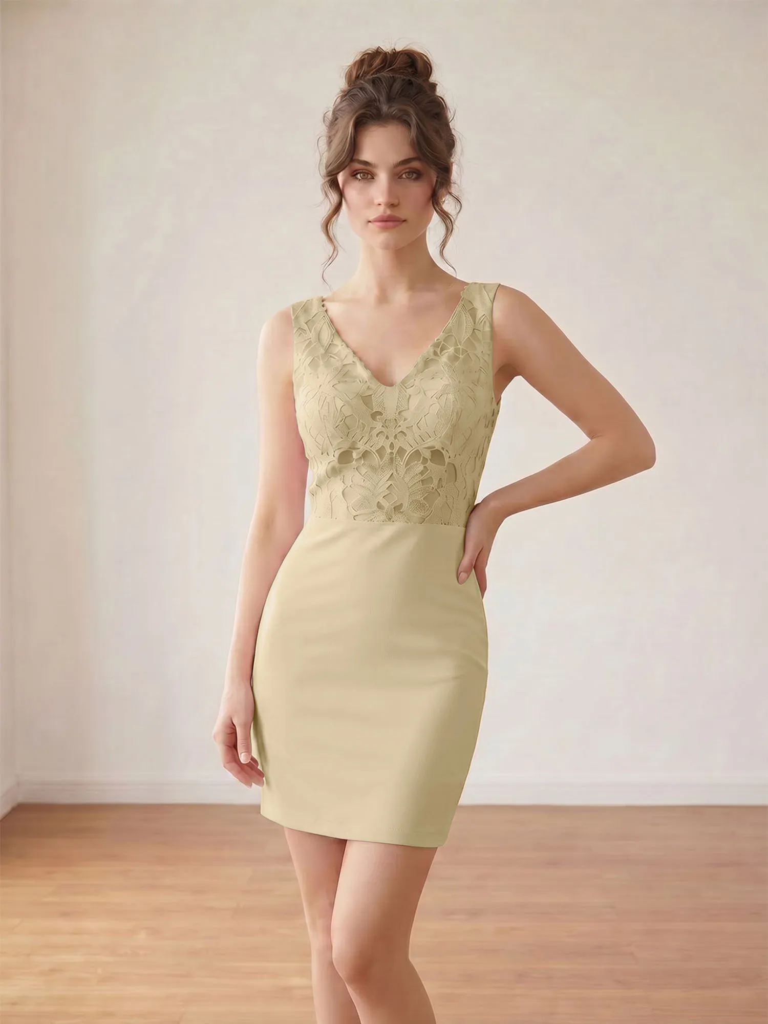 Blush Pink V-Neck Lace & Crepe Homecoming Bodycon Mini Dress