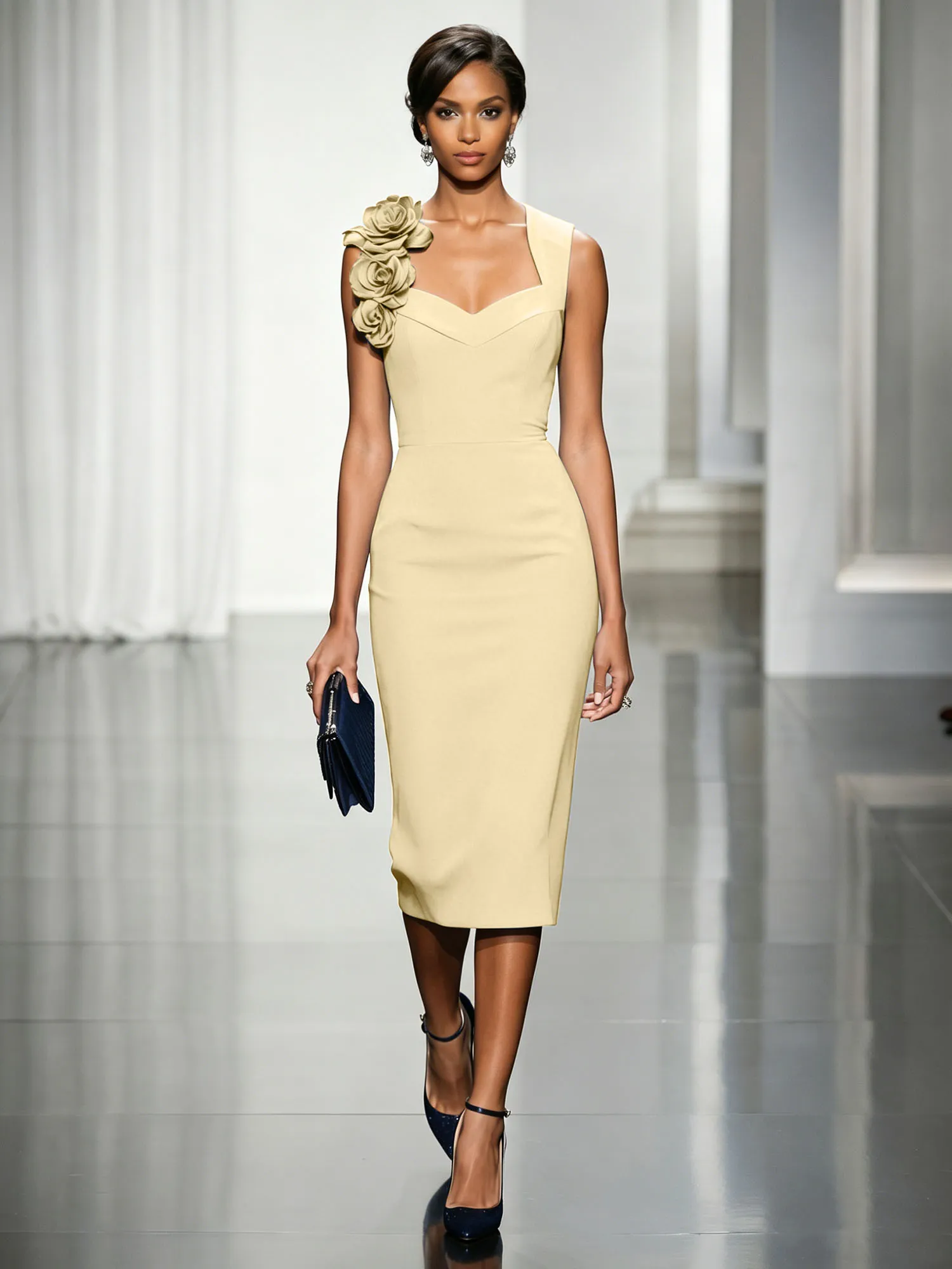 Asymmetric Neckline Crepe Midi Dress with 3D Floral Appliqué