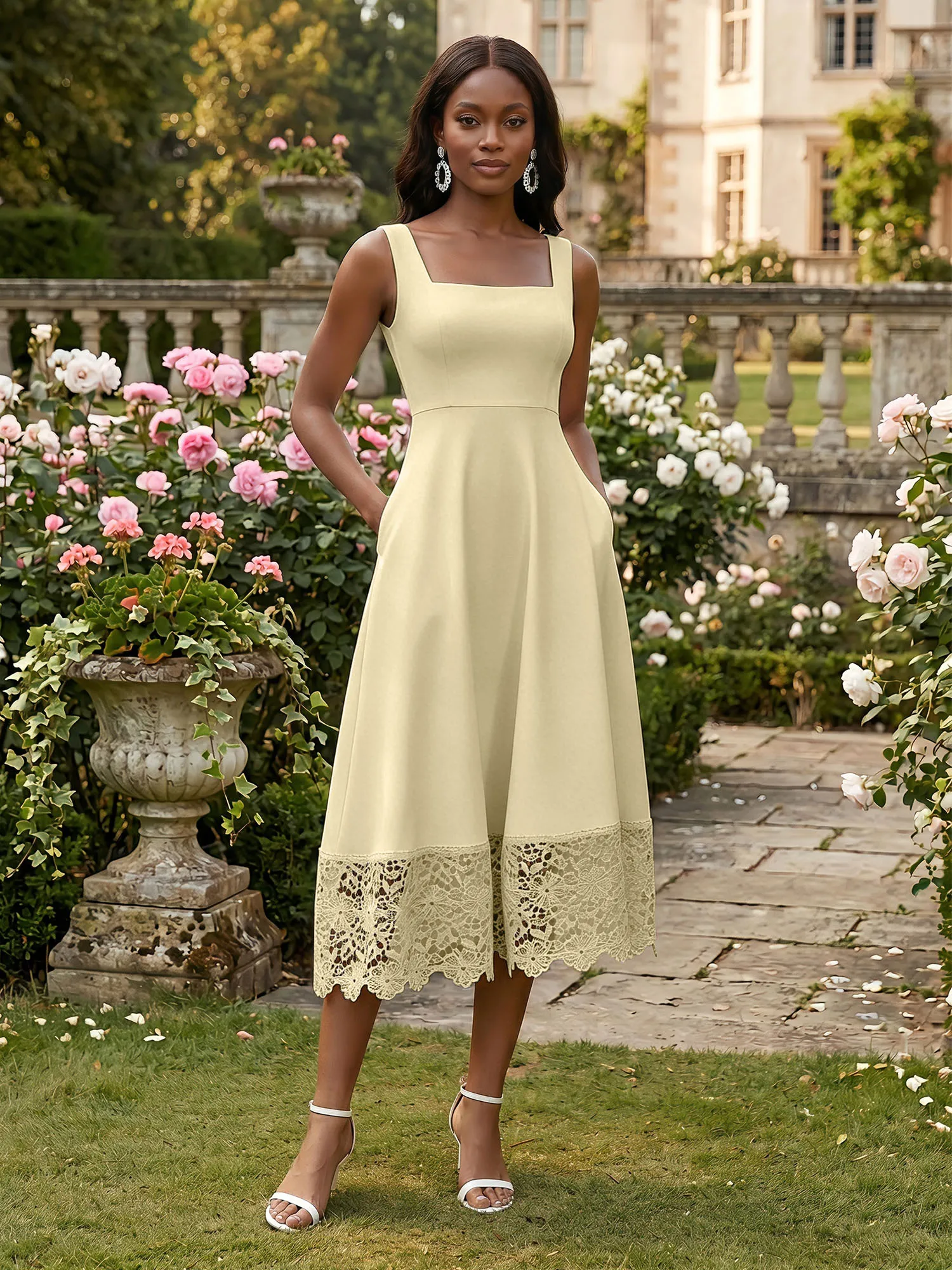 Square Neck Crepe Midi Evening Dress with Lace Hem