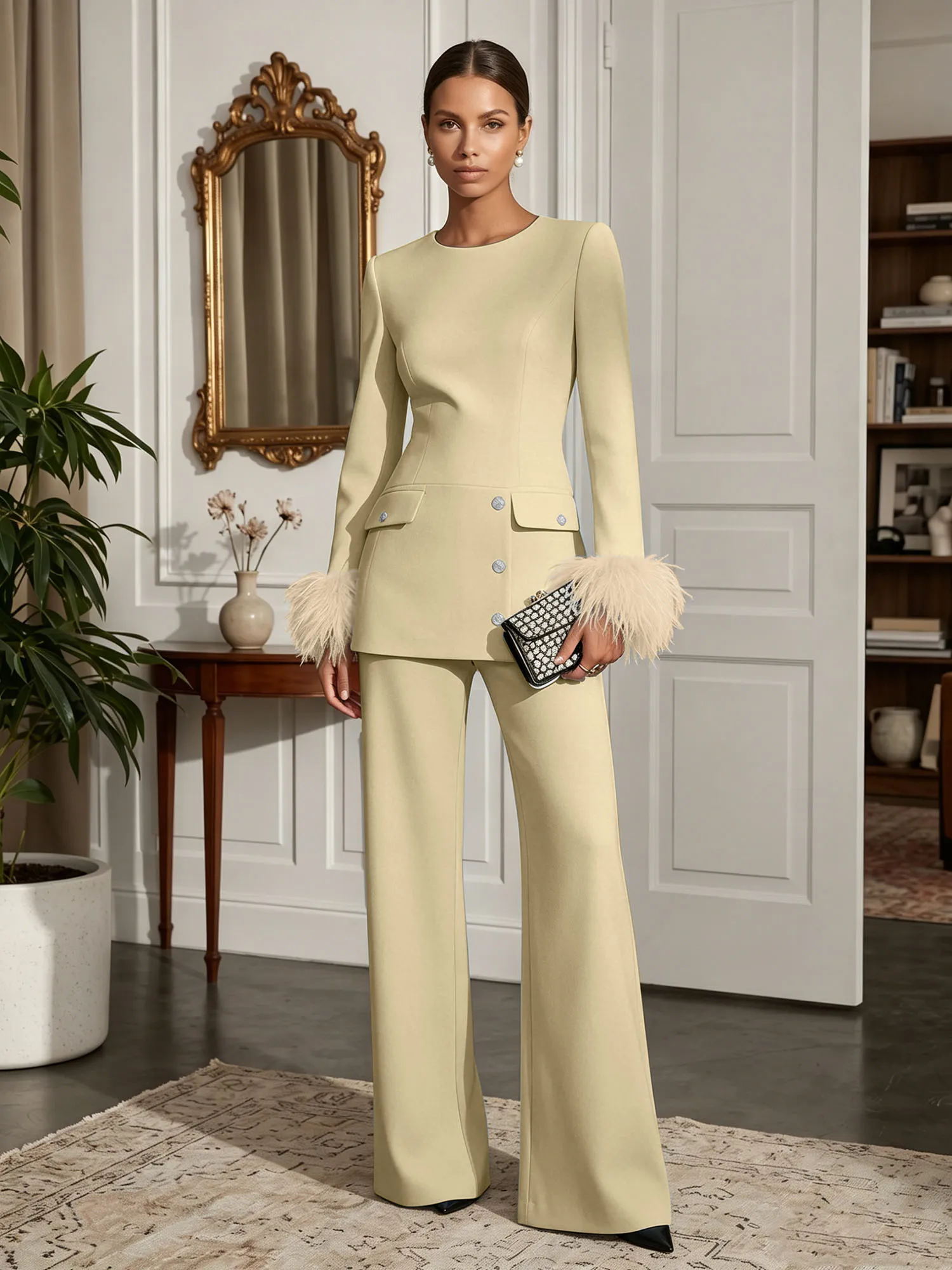 Scoop Neck Feather Cuff Tailored Evening Pant Suit