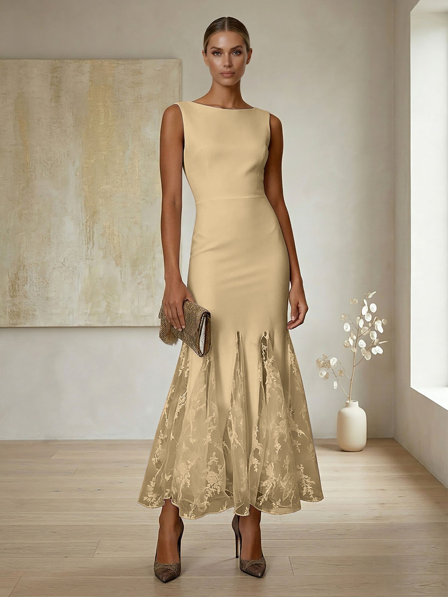 Elegant Formal Evening Gown Lilac Sleeveless Midi Dress with Embroidered Lace Godets