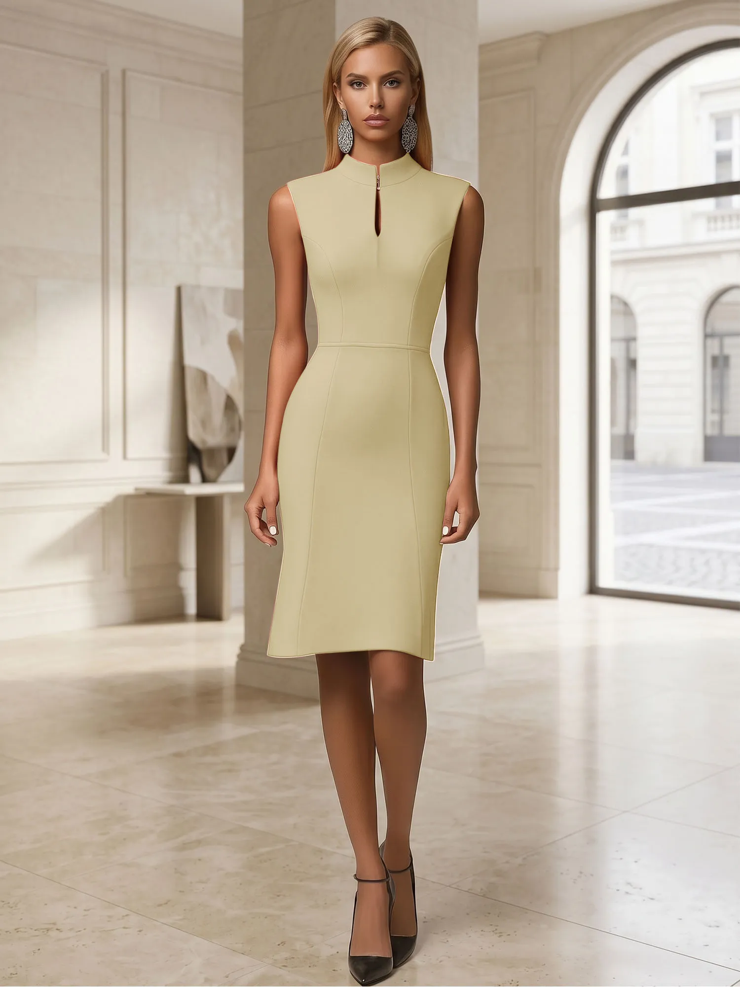 Stand Collar Keyhole Neck Crepe Sheath Evening Dress