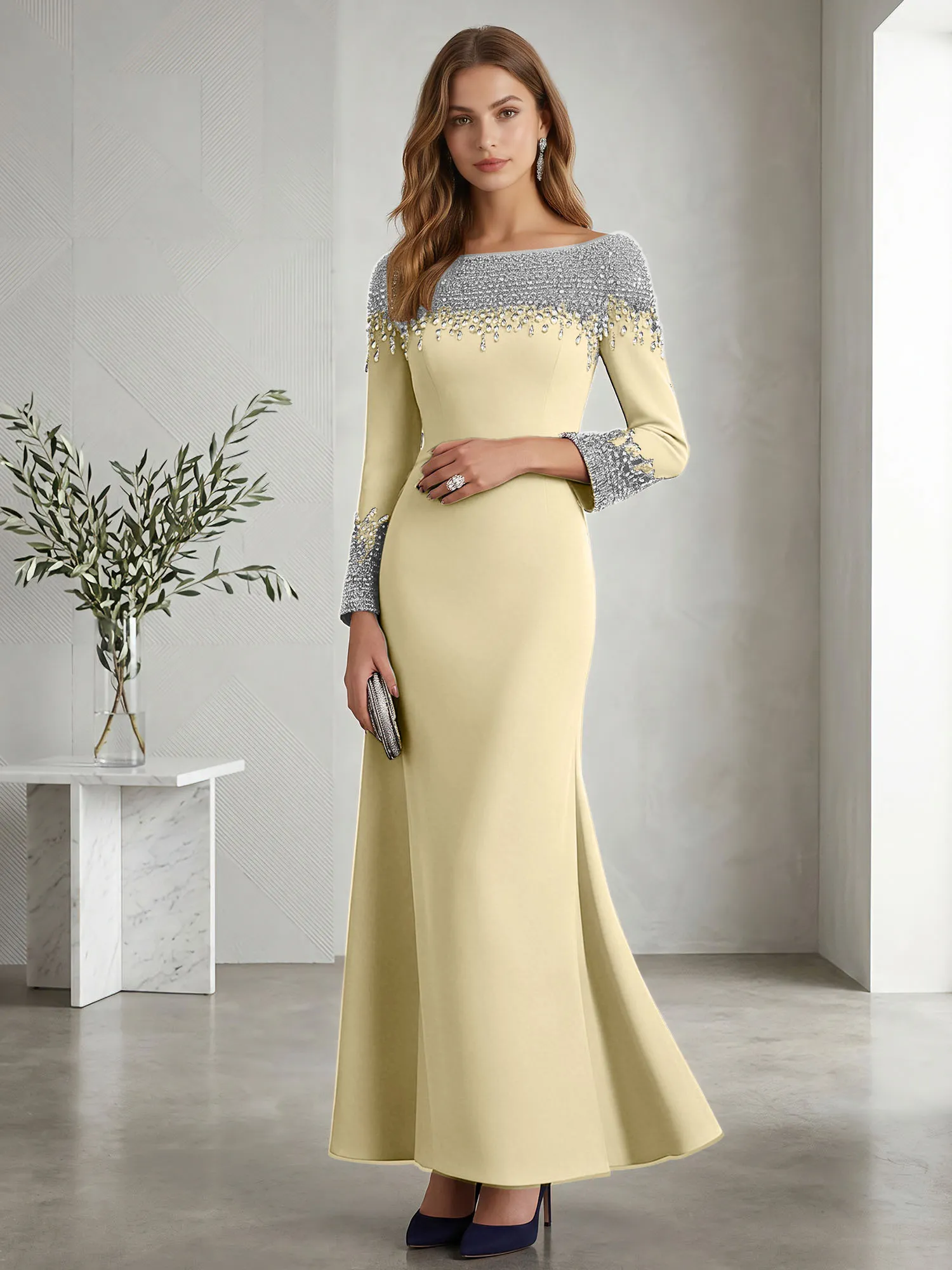 Beaded Off-the-Shoulder Long Sleeve Mermaid Evening Gown