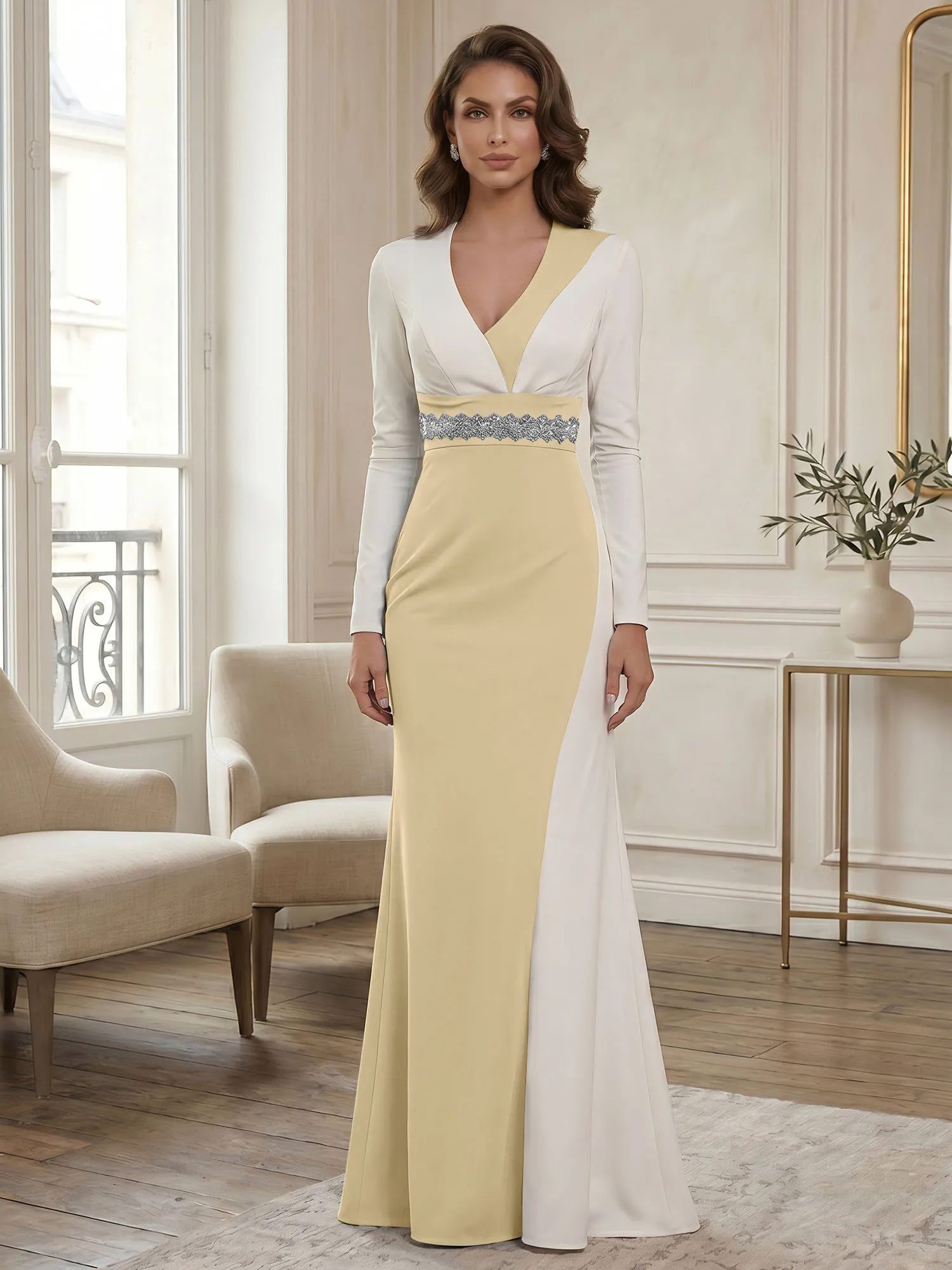 Two-Tone Long Sleeve Mermaid Evening Gown with Beaded Waistband