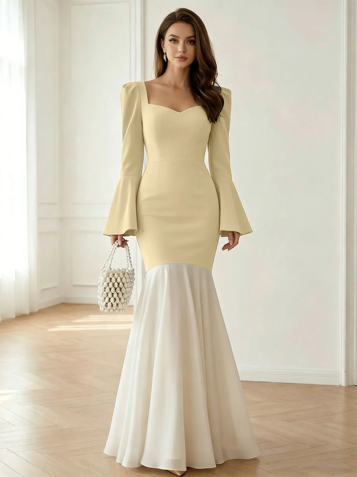 Sweetheart Neck Bell Sleeve Two-Tone Mermaid Evening Gown