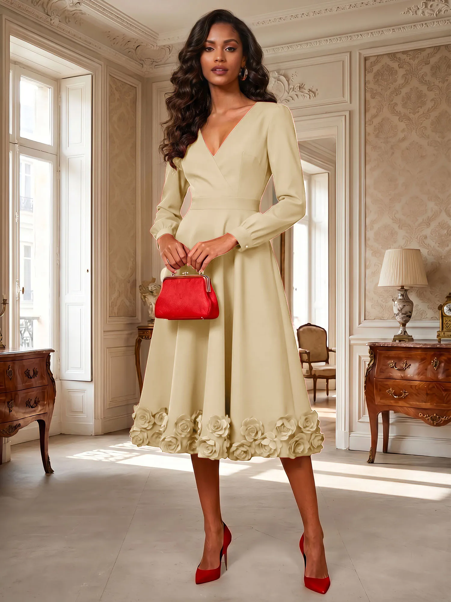 V-Neck Long Sleeve A-Line Midi Evening Dress with 3D Floral Hem