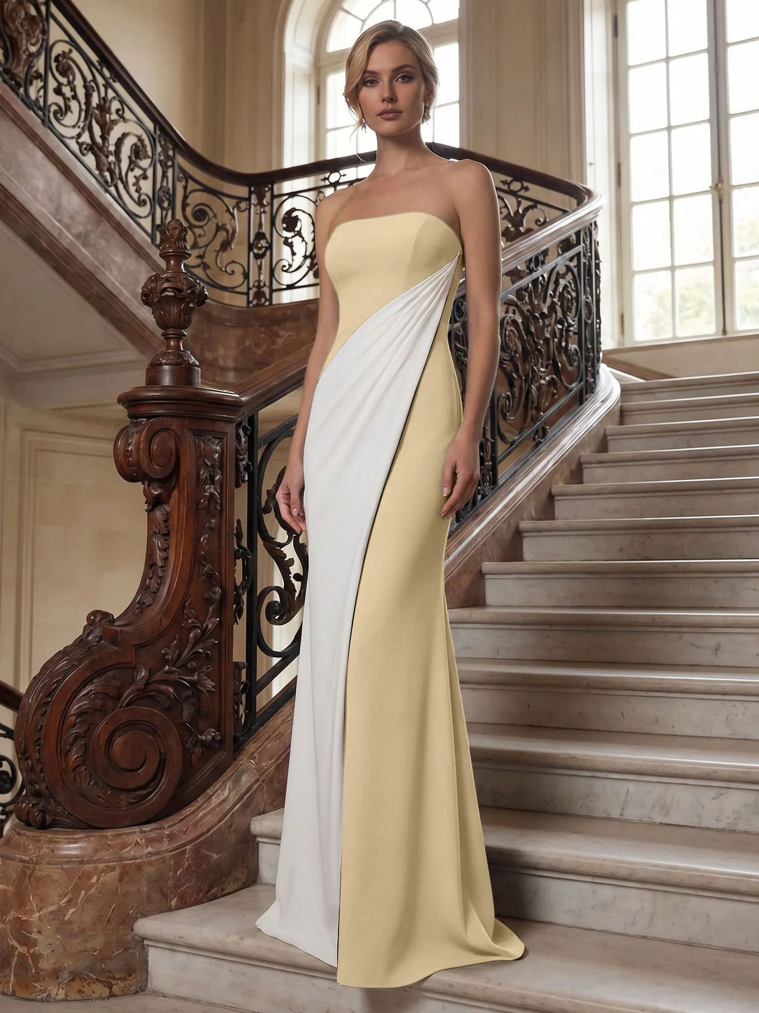 Strapless Two-Tone Draped Mermaid Evening Gown