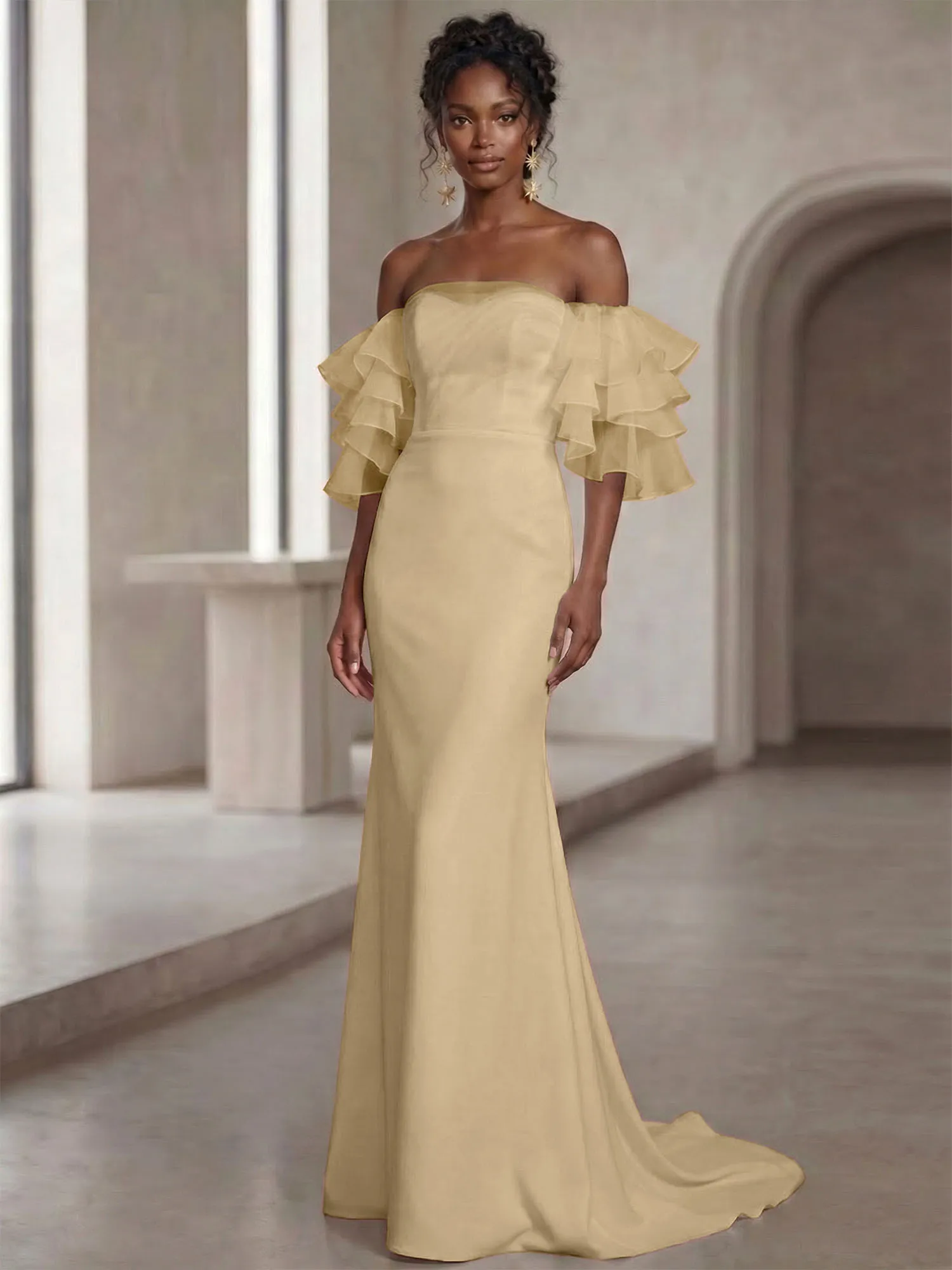 Off-the-Shoulder Tiered Organza Sleeve Mermaid Evening Gown