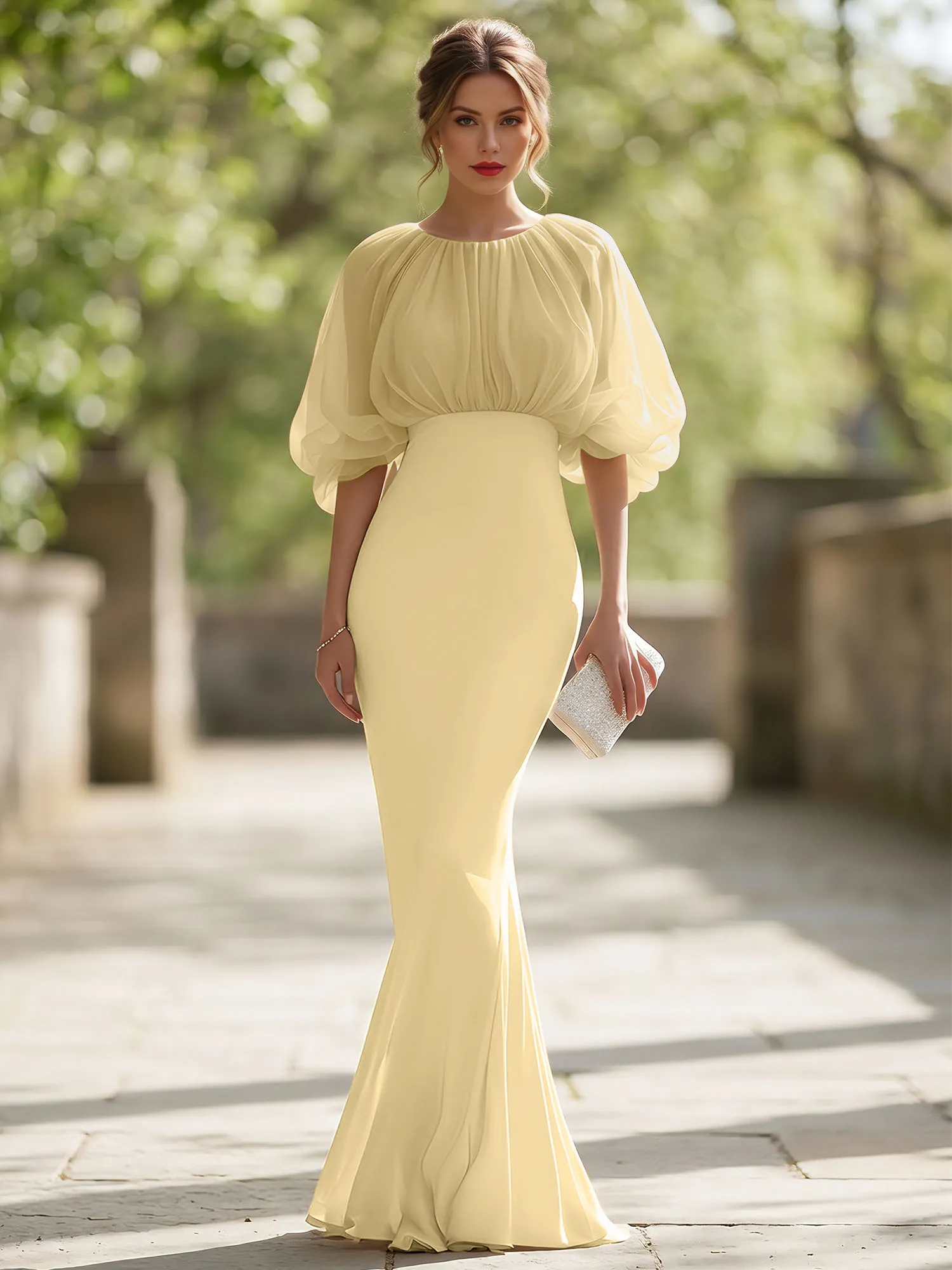 Bateau Neck Organza Bubble Sleeve Mermaid Evening Gown