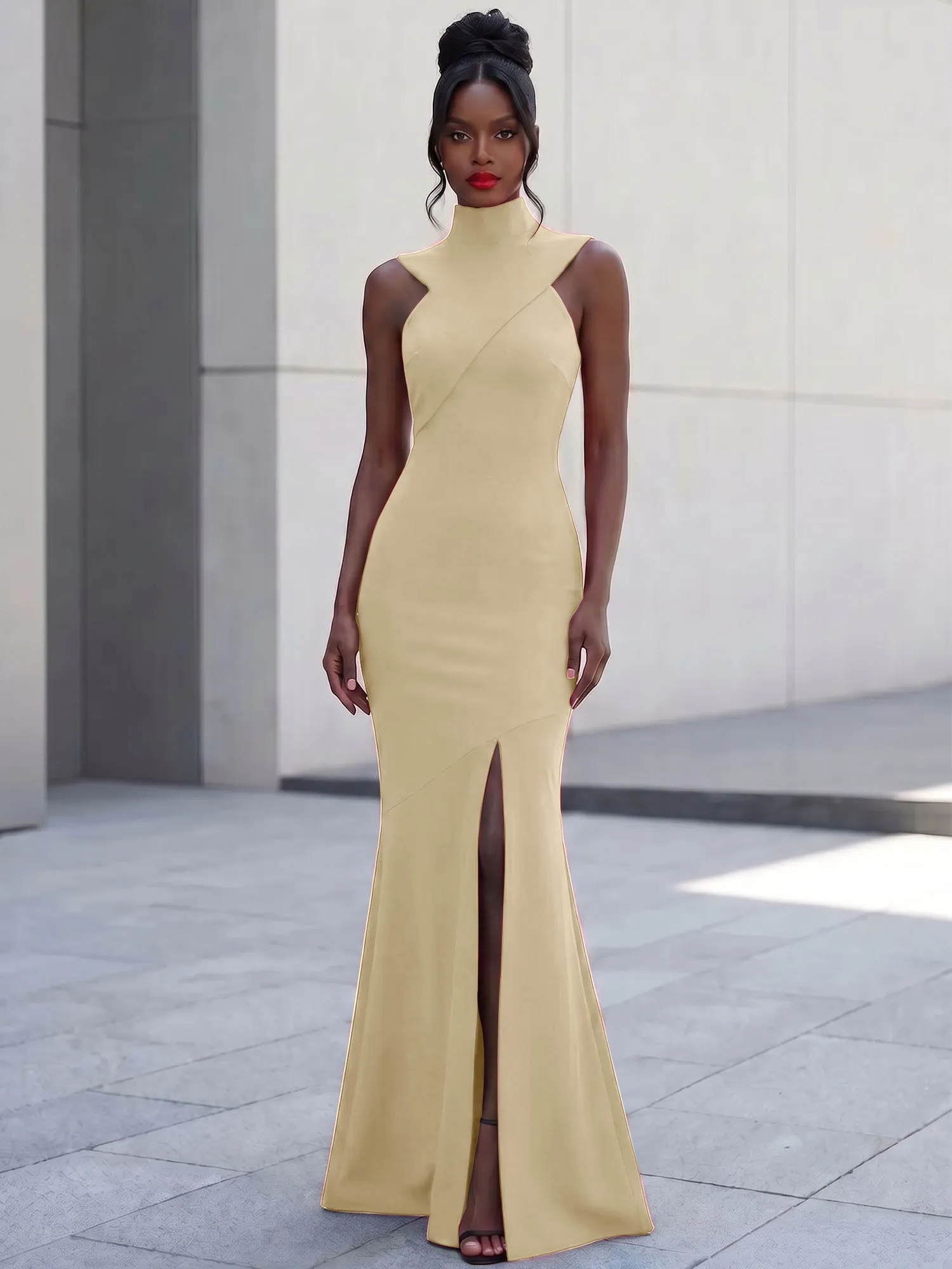 High Neck Asymmetric Cutout Mermaid Evening Gown