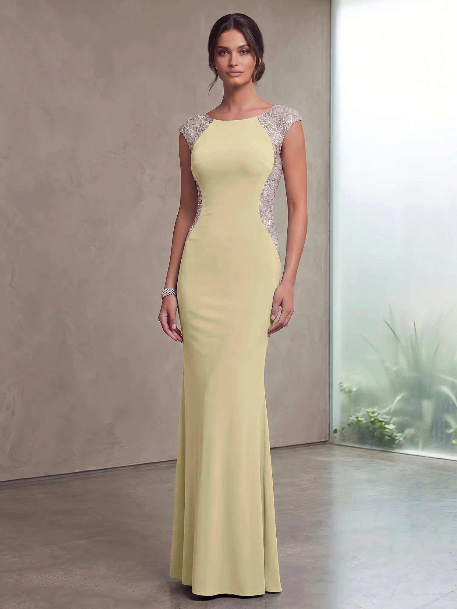 Bateau Neck Sequins Cap Sleeve Mermaid Evening Gown