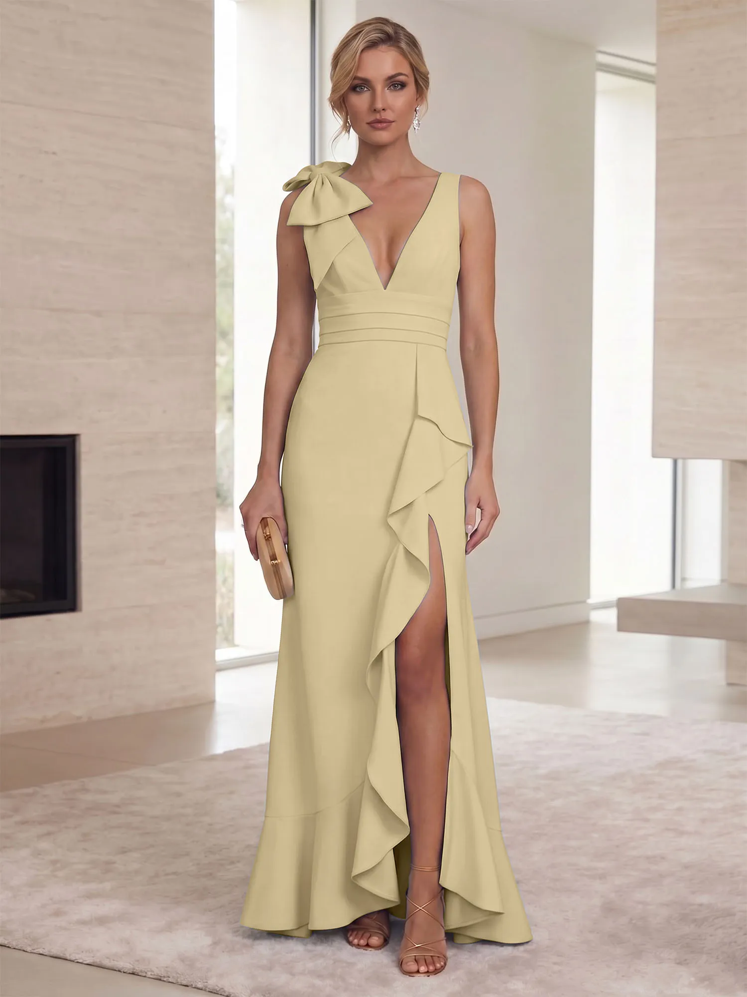 Deep V-Neck Bow-Shoulder Ruffle Slit Mermaid Evening Gown