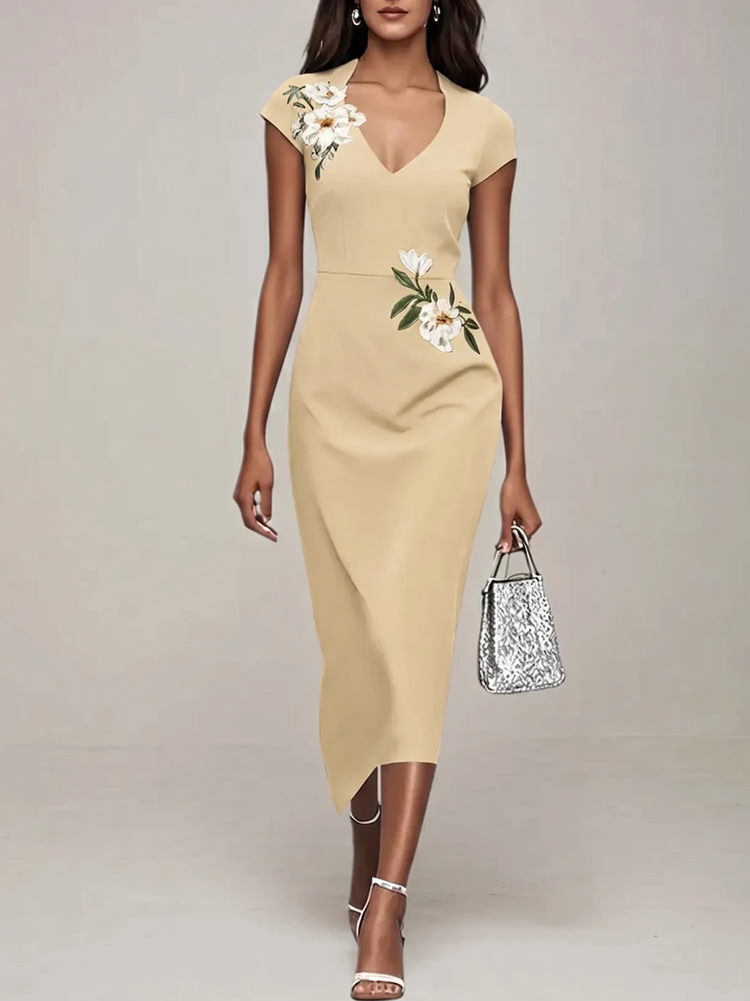 V-Neck Cap Sleeve Floral Embroidered Sheath Evening Dress