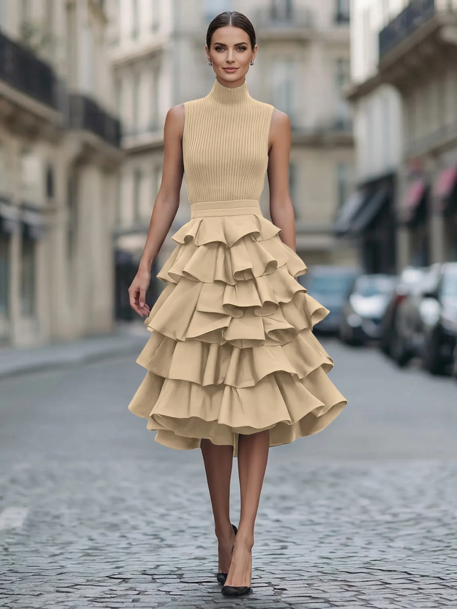 A Line High-Neck Pleated Tiered Evening Dress Maxi Dress