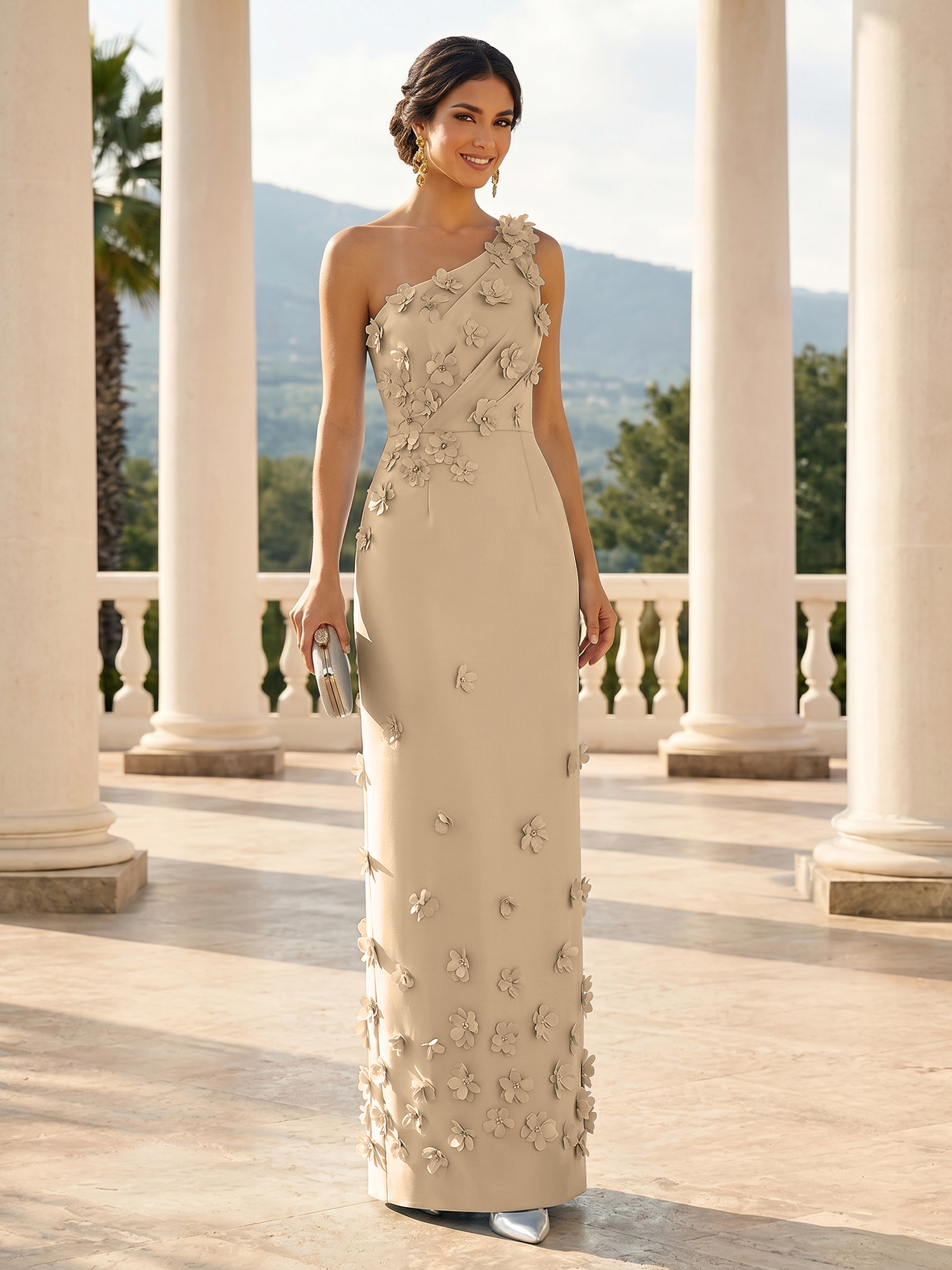 Enchanting Sky Blue One-Shoulder Evening Dress with 3D Floral Appliqués