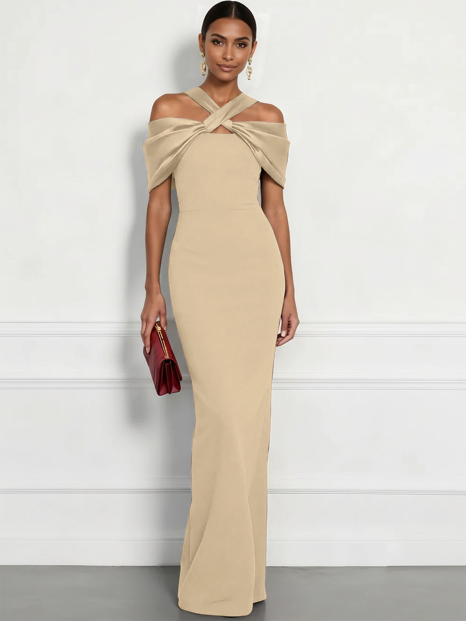 Regal Plum Crepe Column Gown with Satin Criss-Cross Halter Maxi Dress