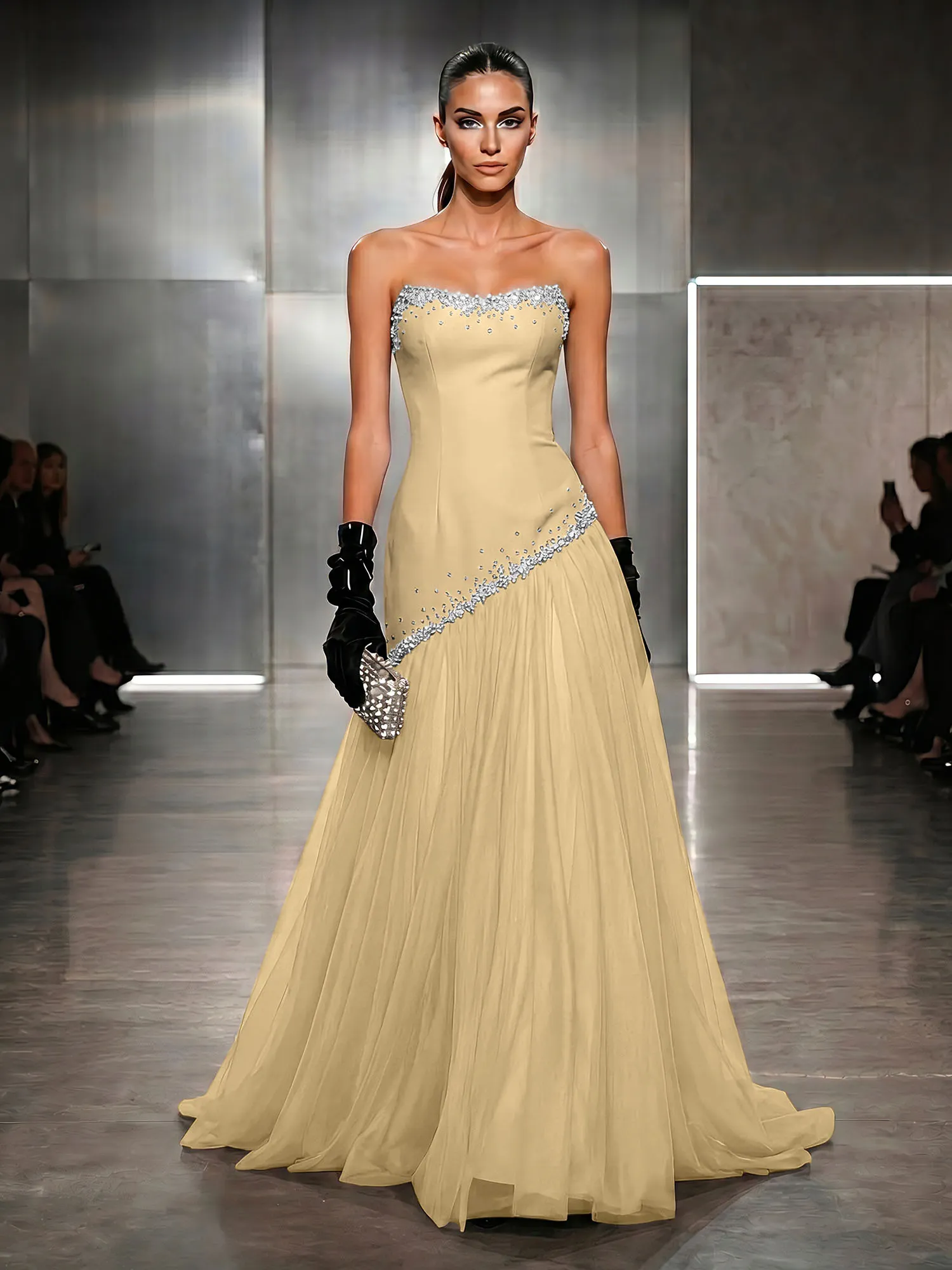 Strapless Tulle Beaded Corset Evening Gown Maxi Dress