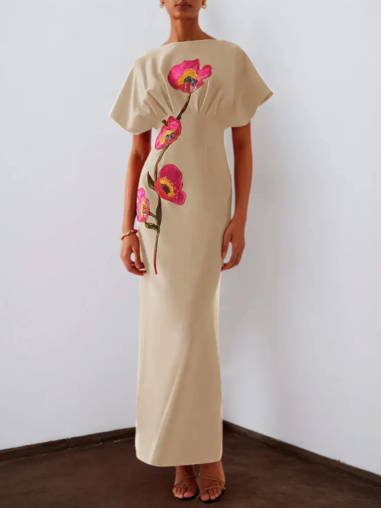 Floral Embroidered Boat Neck Batwing Sleeve Column Evening Gown