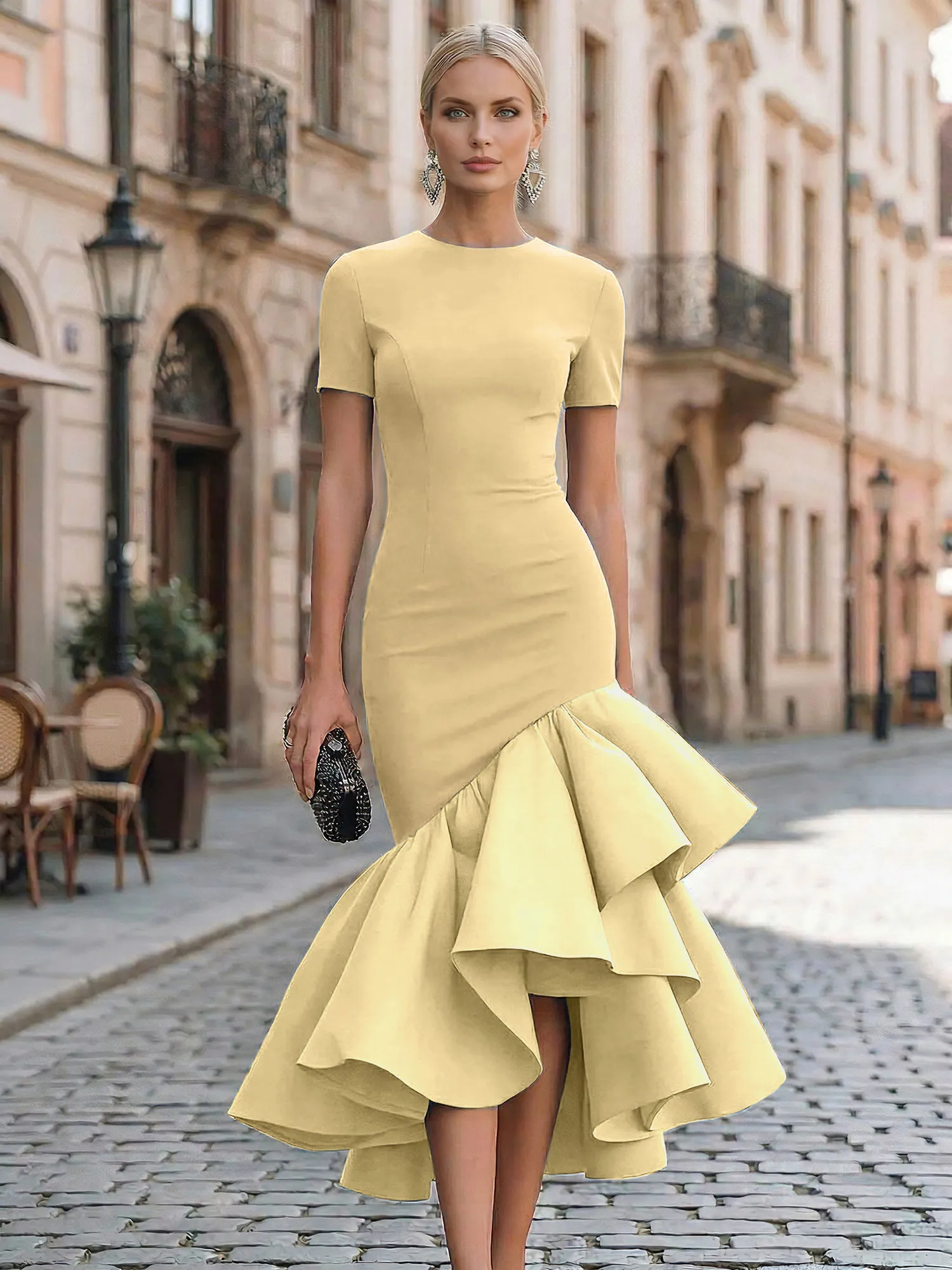Evening Foraml Gown Avant-Garde Black Short-Sleeve Tiered Ruffle Midi Dress