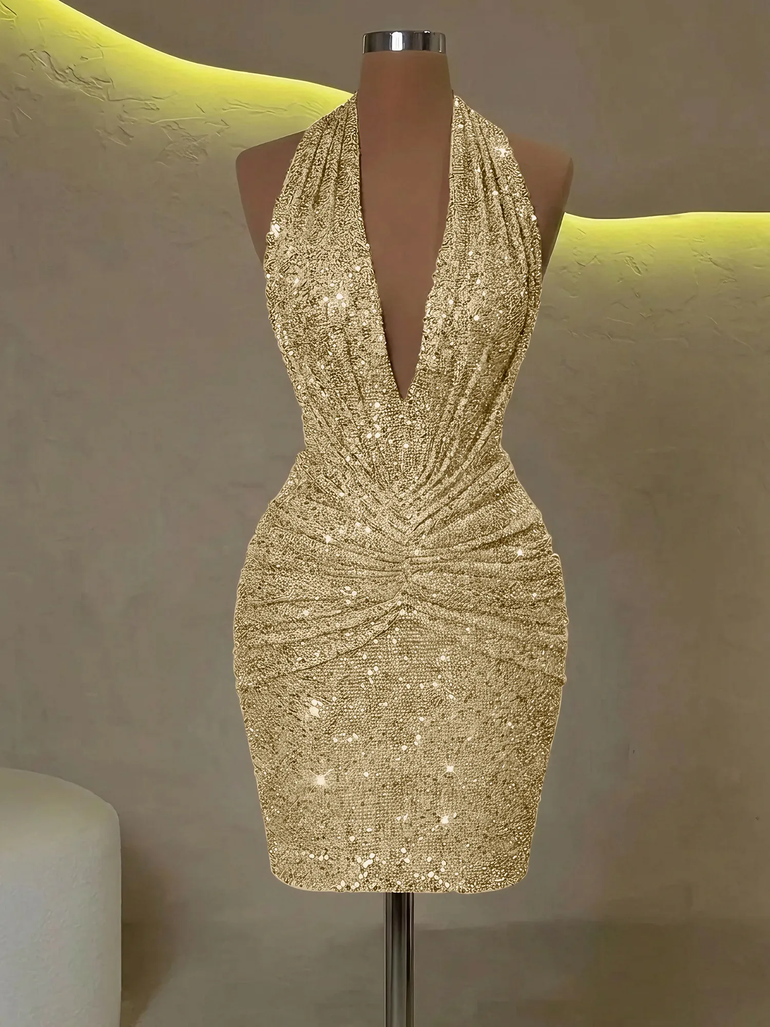 Sequin Halter Deep V-Neck Bodycon Homecoming Dress Mini Dress