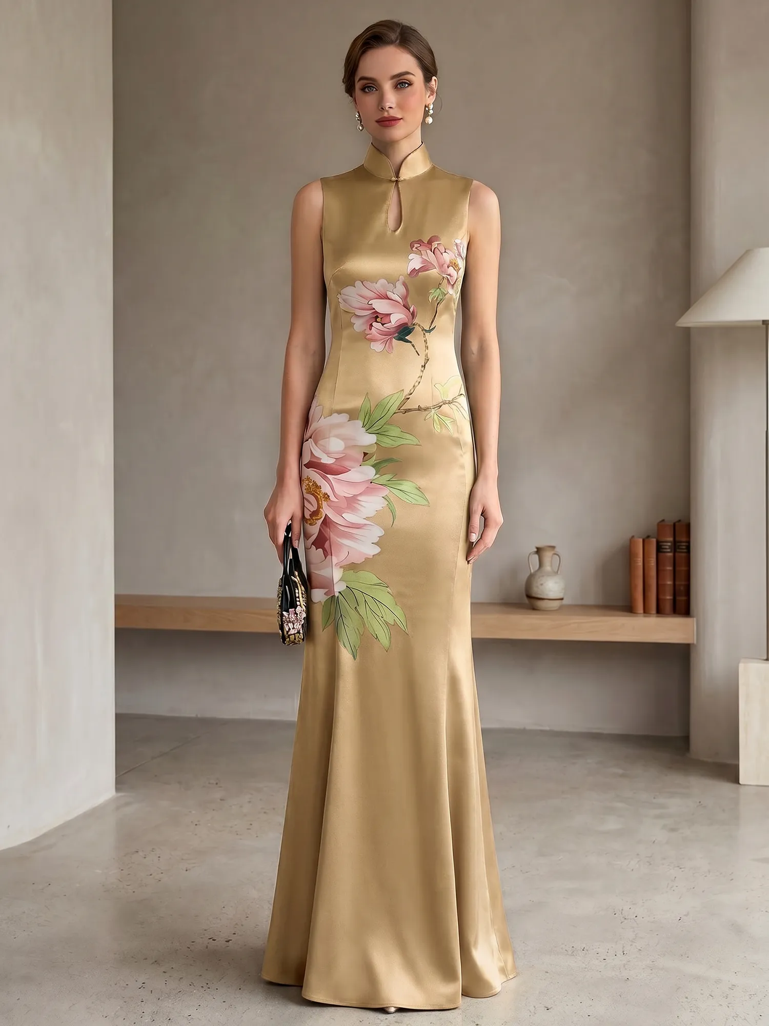 Satin Qipao-Inspired Floral Mermaid Evening Gown