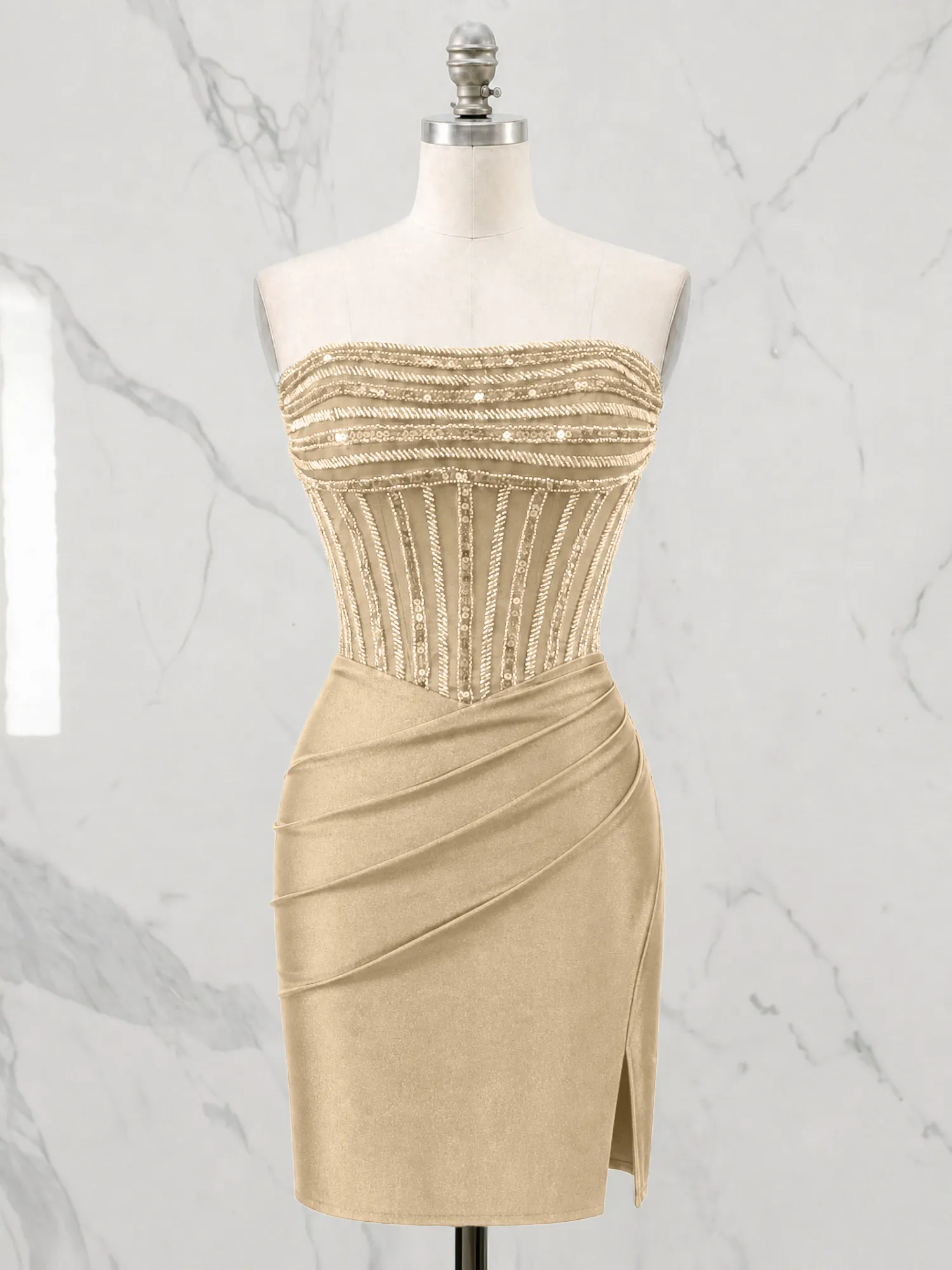 Strapless Beaded Corset Homecoming Dress with Ruched Skirt