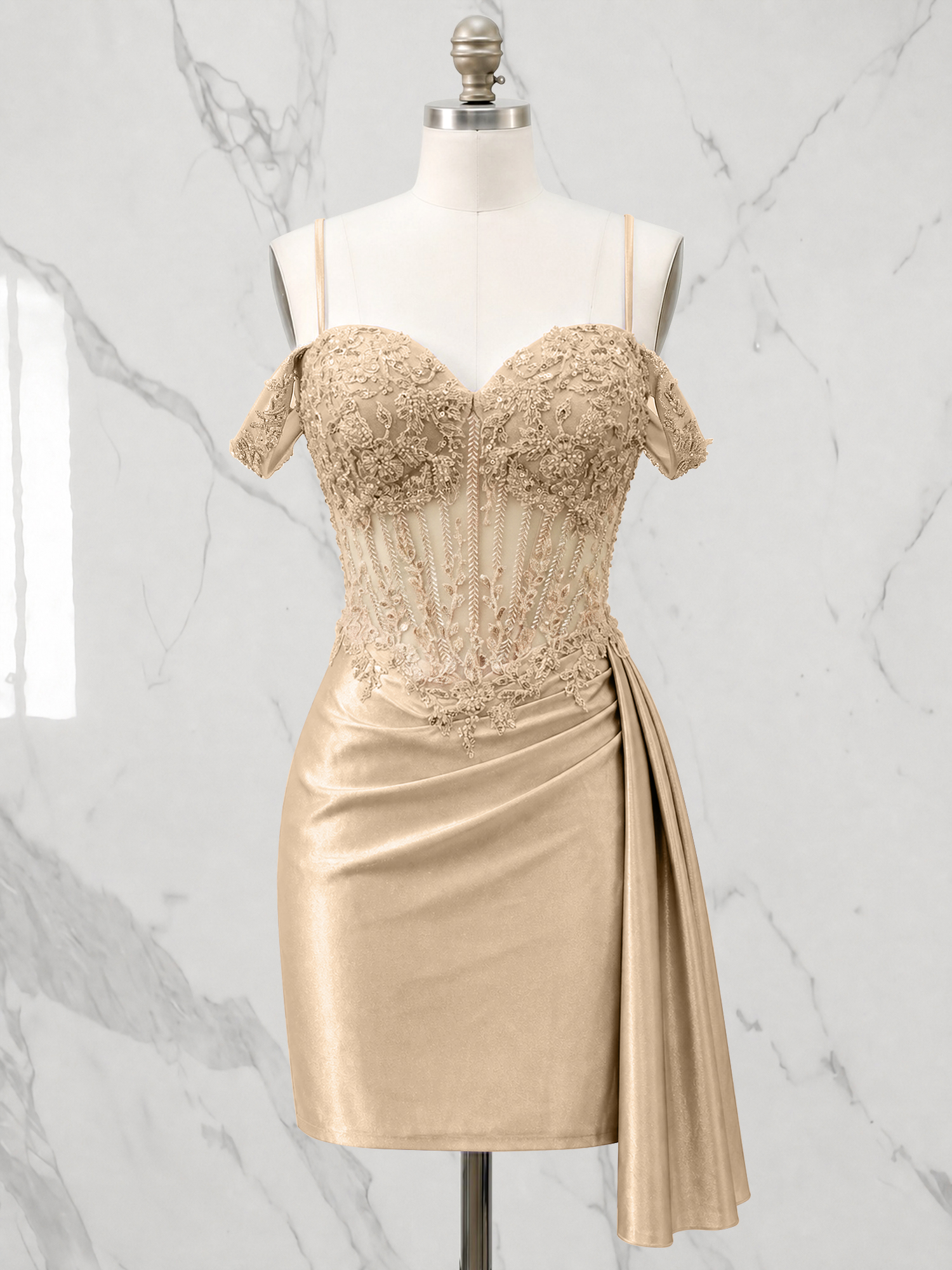 Off-the-Shoulder Lace Corset Homecoming Dress with Side Drape