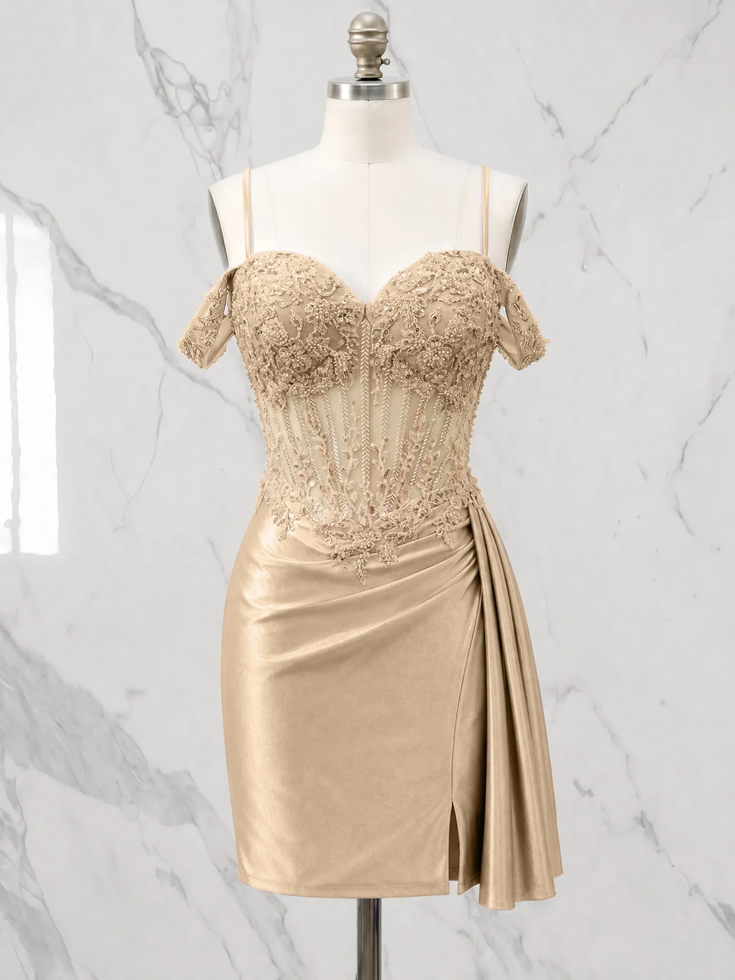 Off-the-Shoulder Lace Corset Homecoming Dress with Draped Skirt