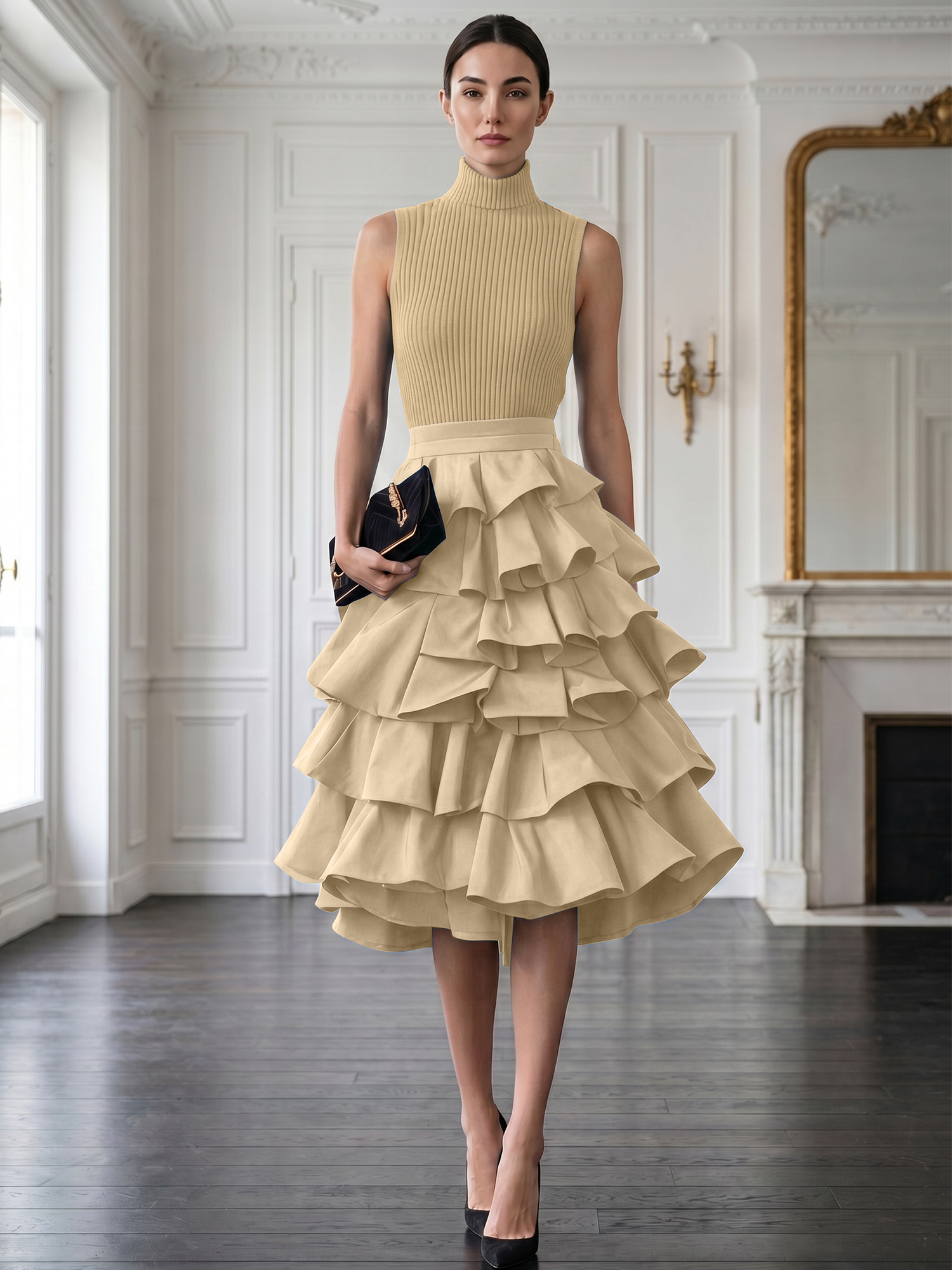 Avant-Garde Black High-Neck Tiered Ruffled Evening Gown