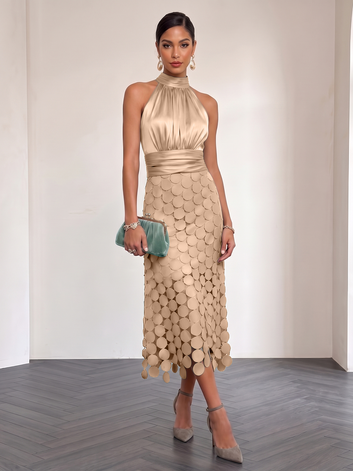 Ice Blue Satin Halter Circle Motif Midi Formal Evening Gown