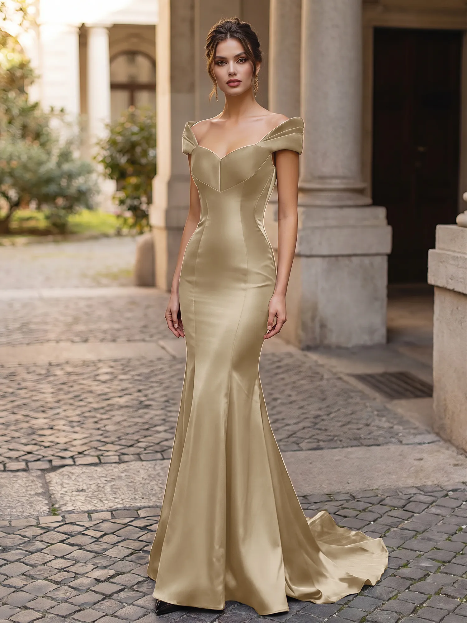 Off-the-Shoulder Sweetheart Lace-Up Back Satin Mermaid Prom Dress