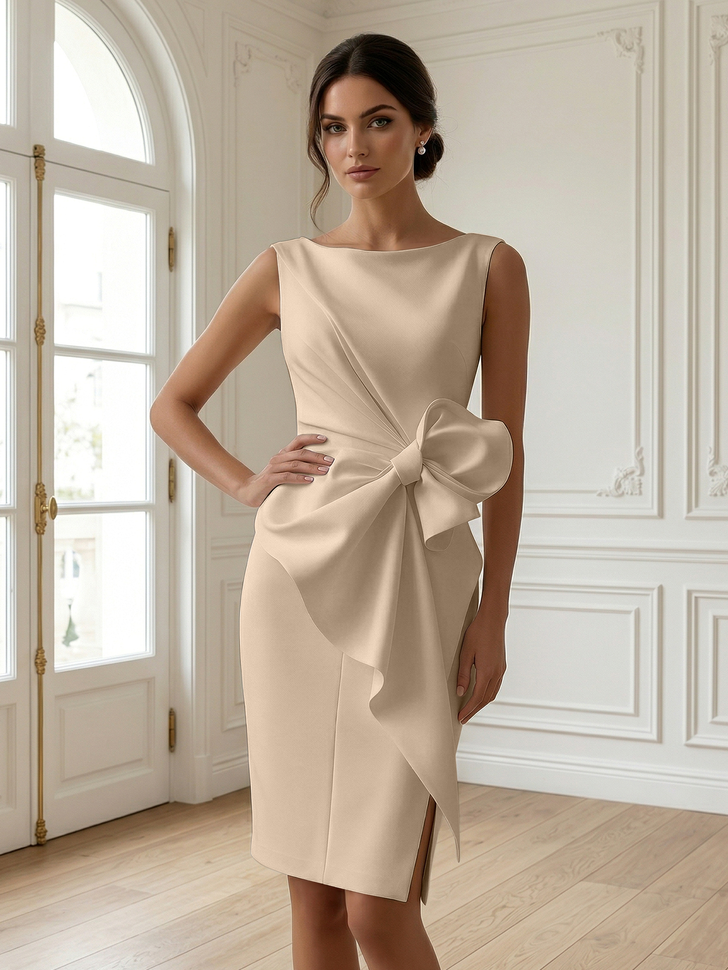 White 3D Bow Sleeveless Sheath Midi Dress Evening Gown